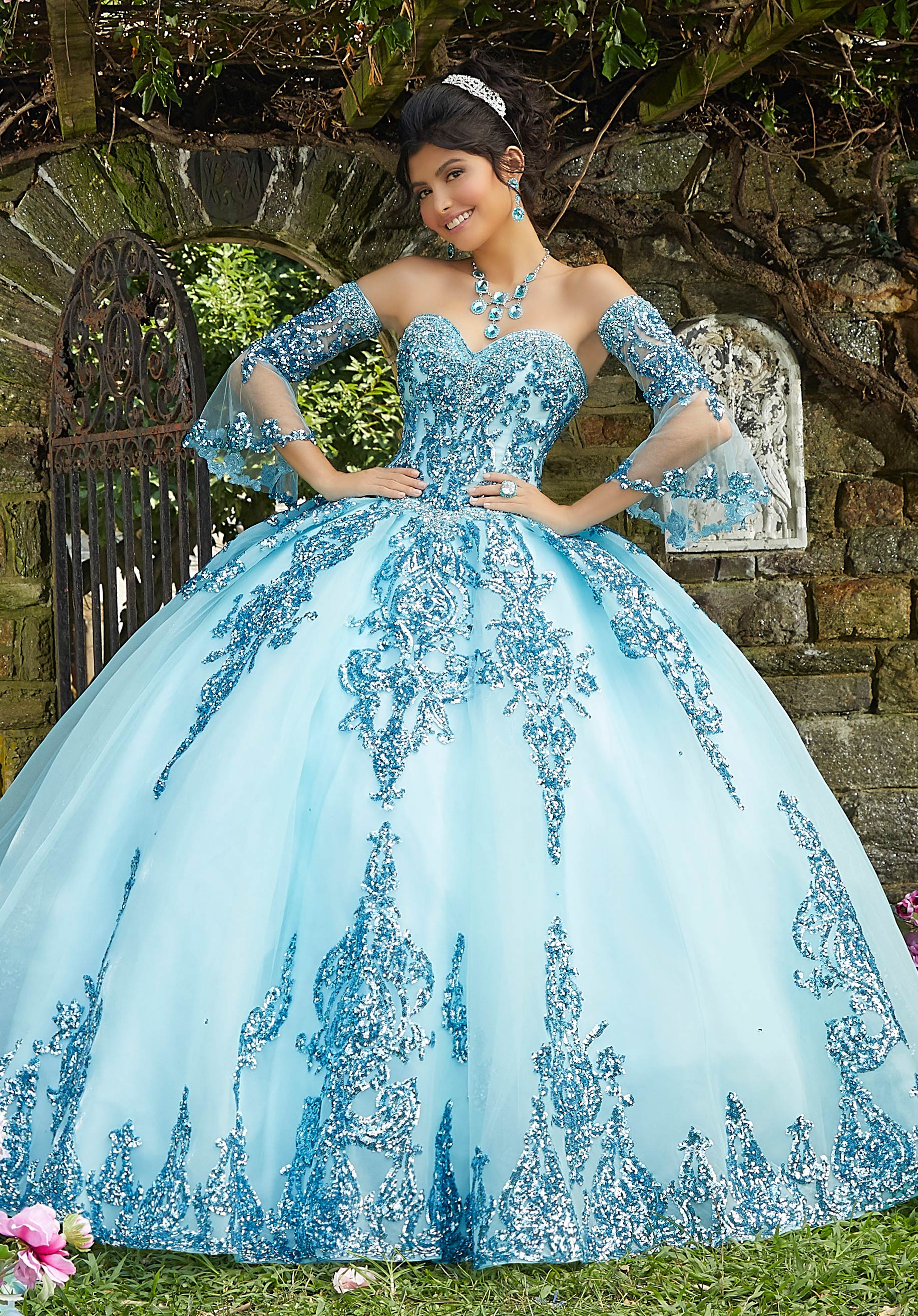 beach themed quinceanera dresses MORILEE #34083 BAHAMA BLUE/SILVER Patterned Glitter Quinceaera Dress with Chandelier Beading