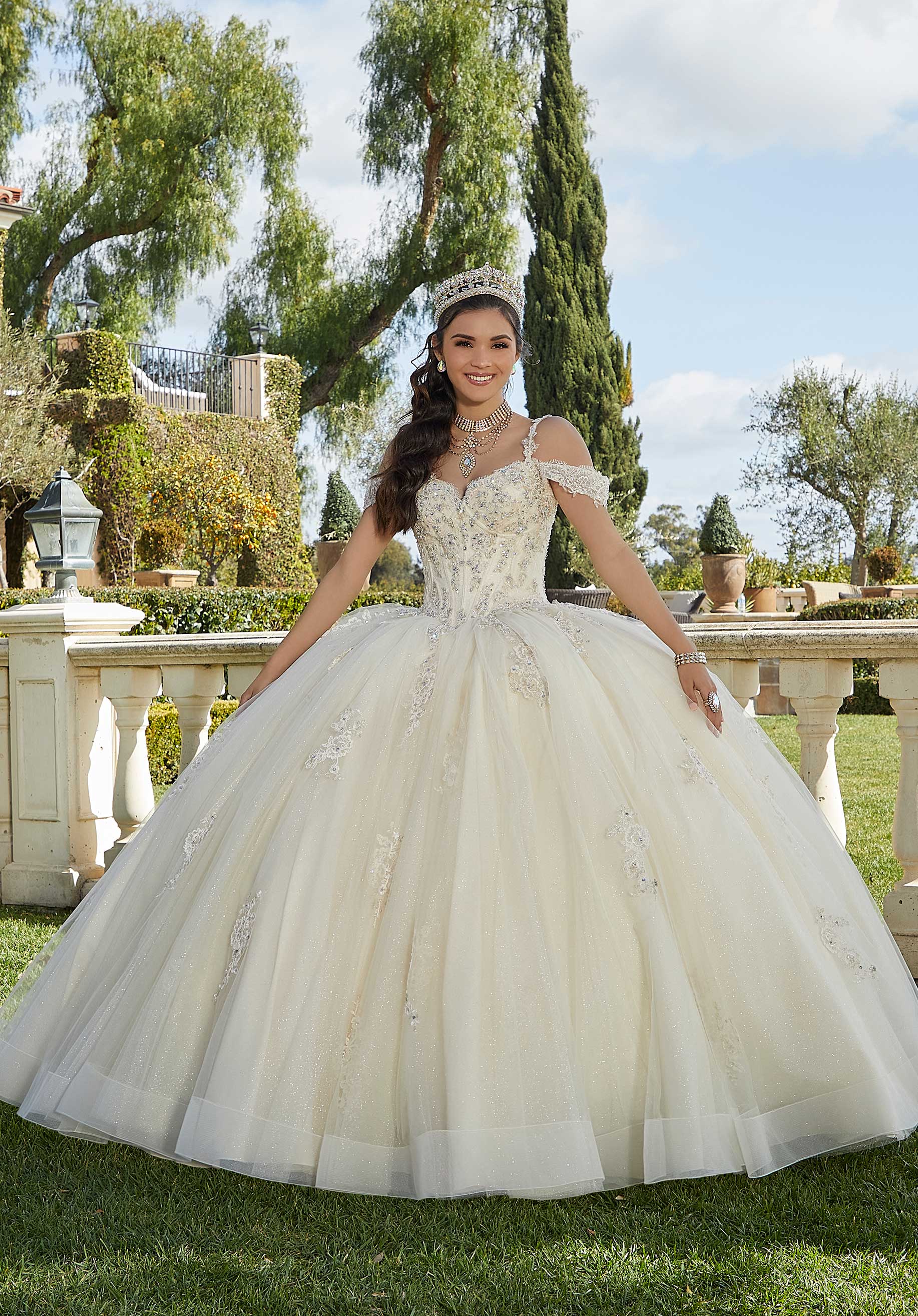 white quince dresses Maravilla Quinceanera 80025 drop waist Fiesta Quinceanera Dresses | Designer