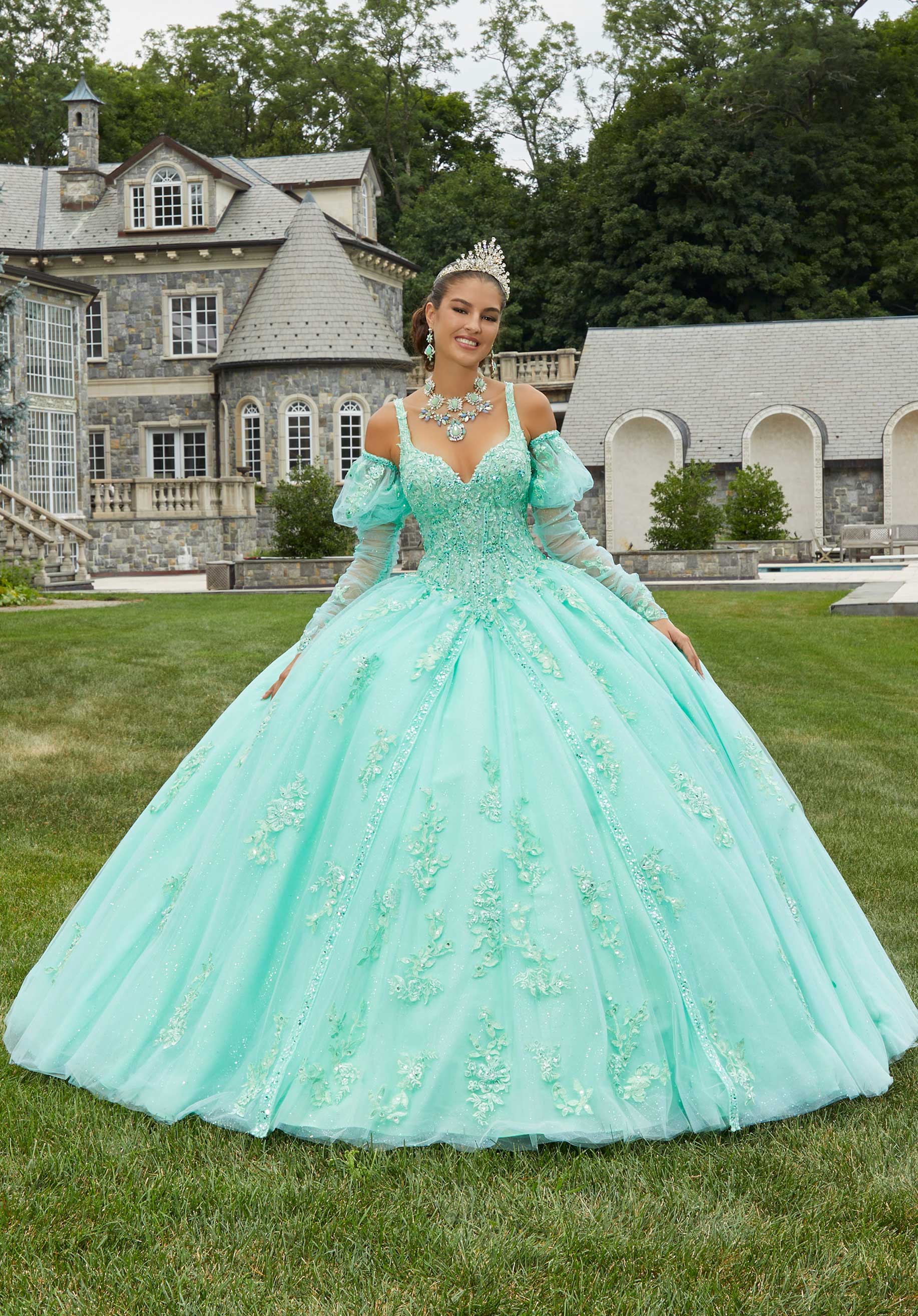 MORILEE 89407 Bright Mint Lace and Princess Tulle Quinceanera Dress
