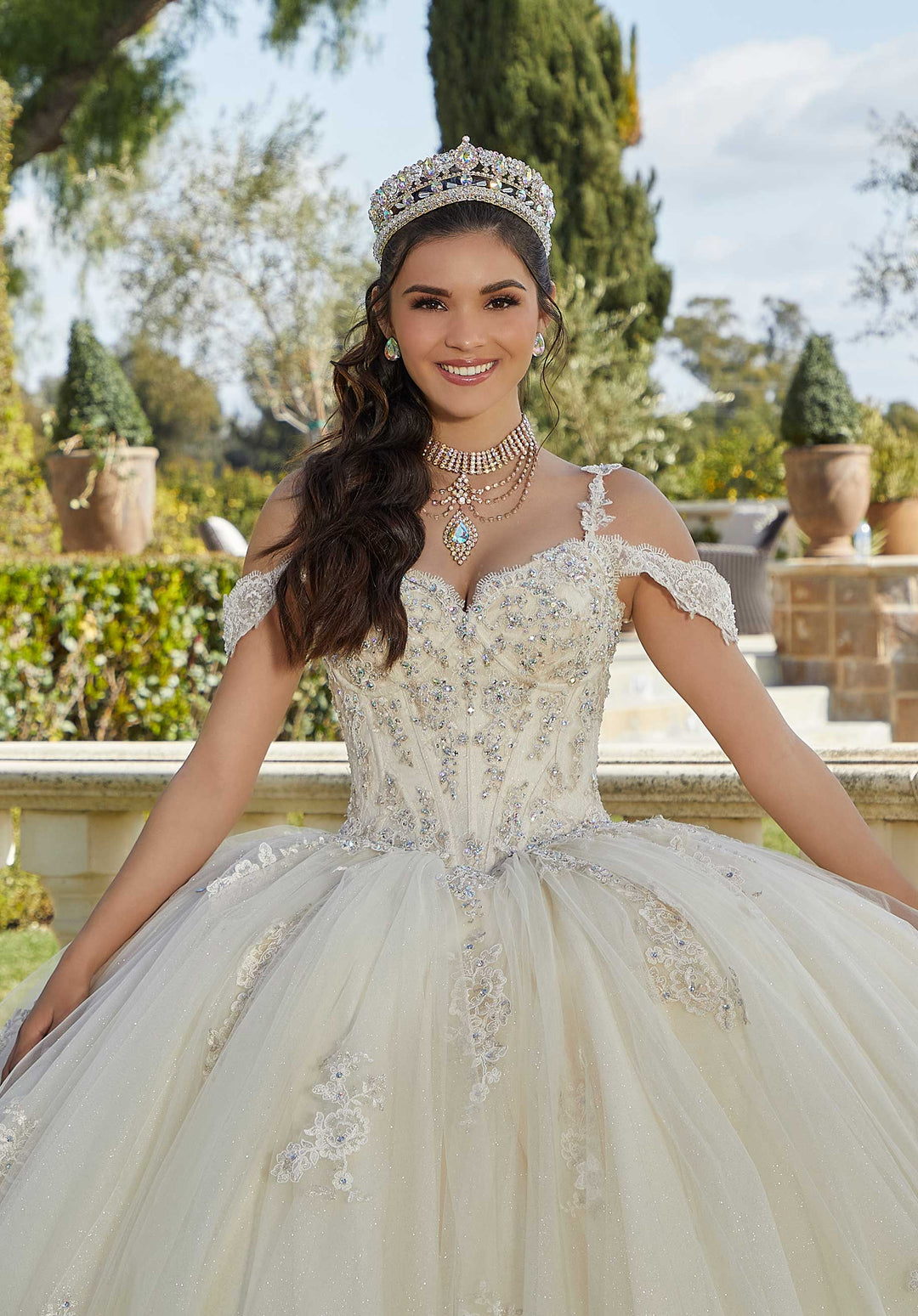 champagne quinceanera dresses with sleeves Champagne Lace Applique Quinceanera Dresses Extra Long Sleeve Sweet 16 Dresses 21426 Champagne / 16W