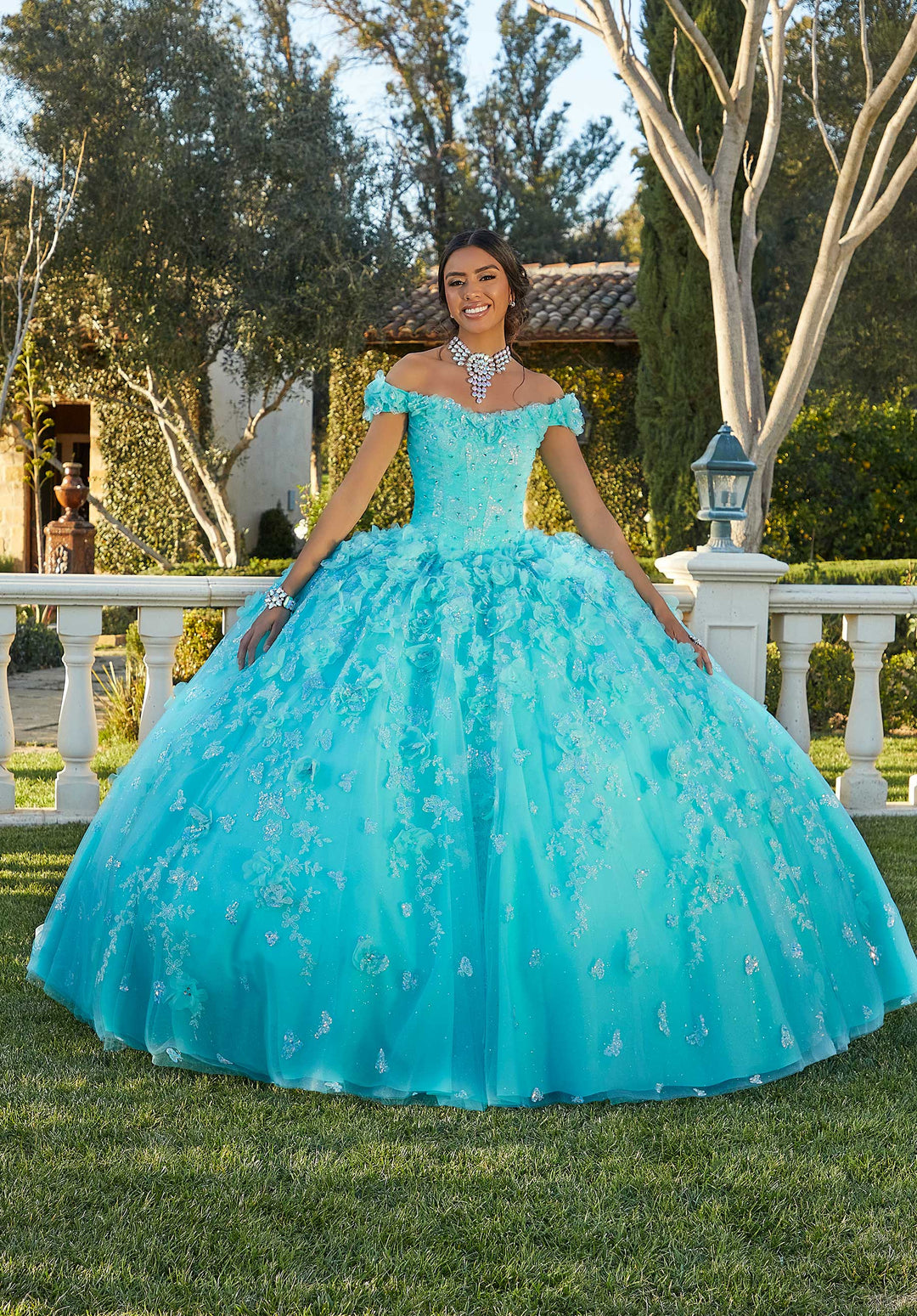 aqua green quinceanera dresses Off-Shoulder Lace Applique Sweet 16 dress in Light Green with 3D Flower