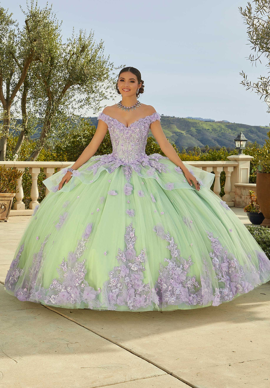green and purple quinceanera dresses Sage Long Sleeve Ball Gown Dress With Purple Flowers Lisposa