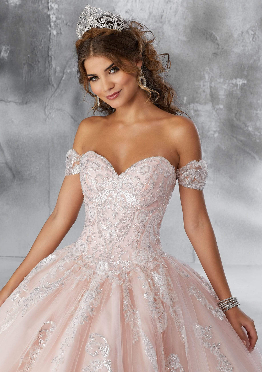 Ivory/Blush Sweetheart Neckline Ball Gown Quinceanera Dress www.quinceofyourdreams.com