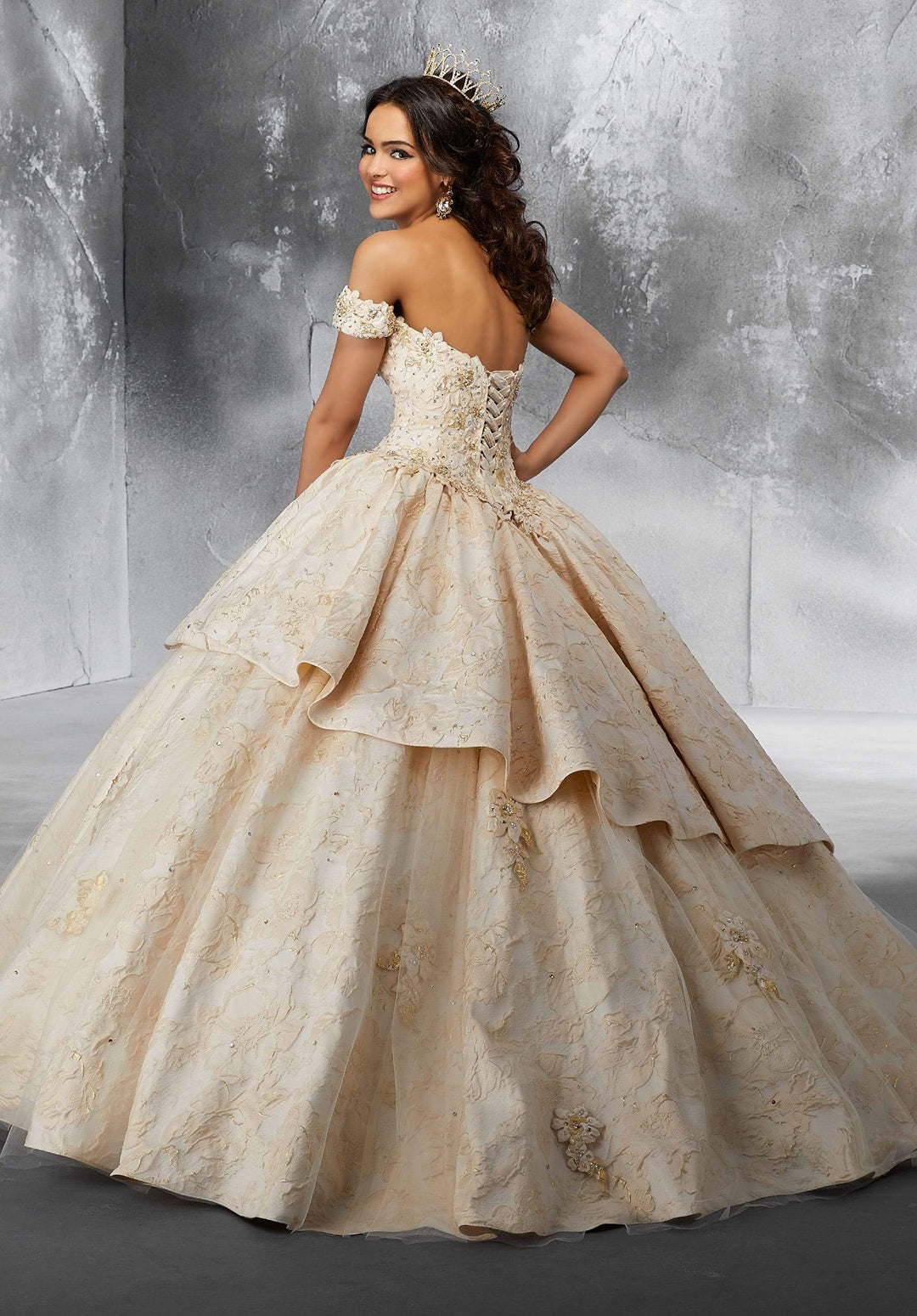 Mary on Tulle Skirt Overlay and Brocade Flounce - MoriLee #89193