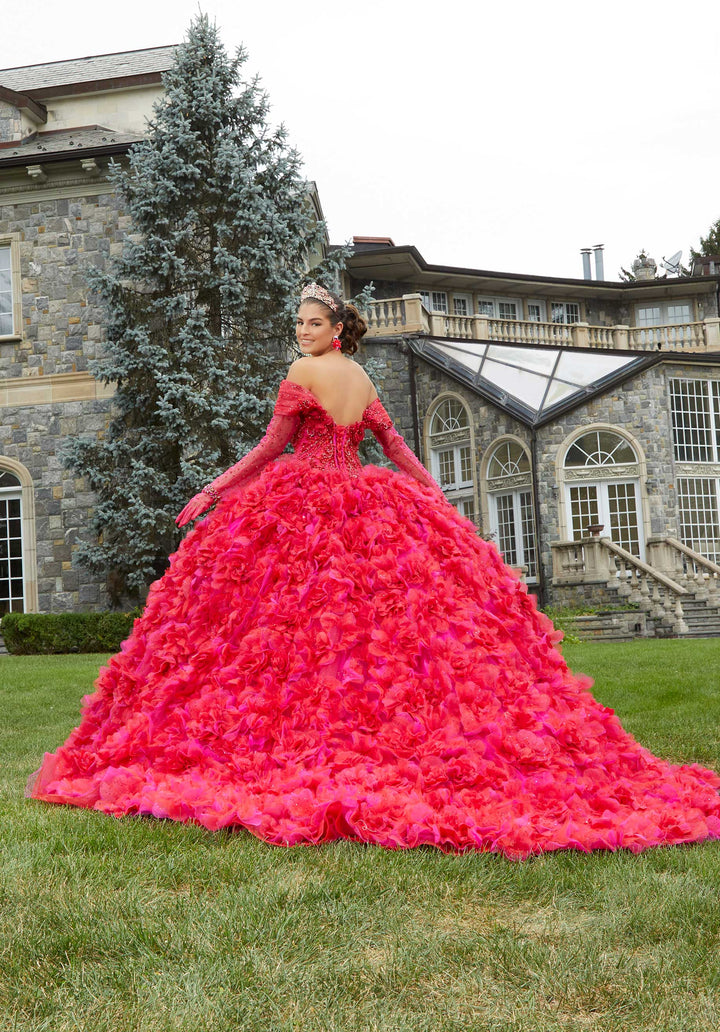 MORILEE #34081 WILD BERRY Three-Dimensional Floral Lace Quinceañera Dress with Floral Skirt