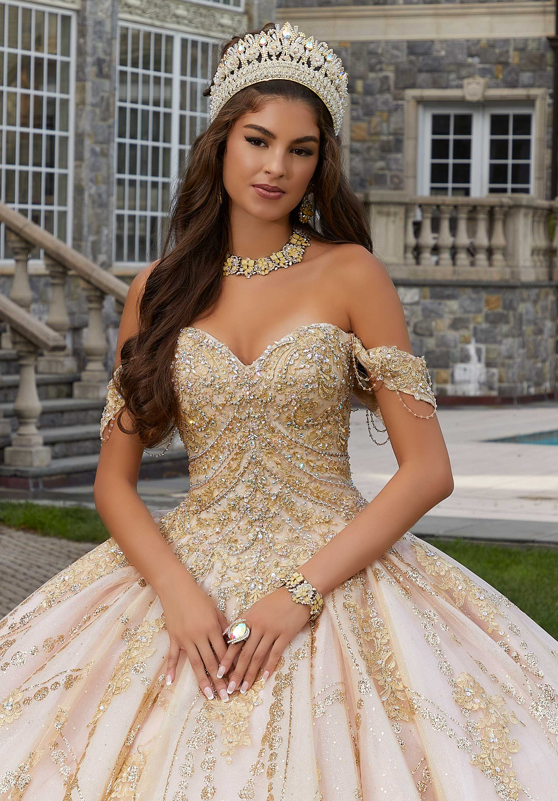 MORILEE 34083 BLUSH ROSE GOLD Patterned Glitter Quincea era Dress with Chandelier Beading