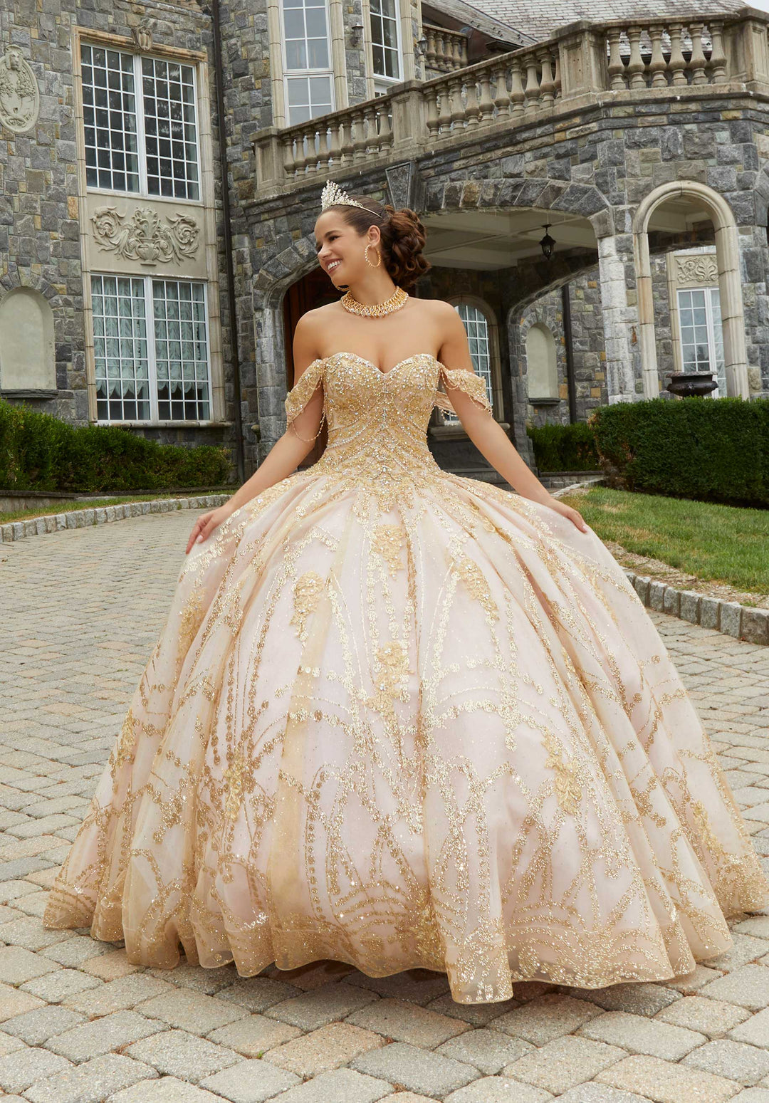 MORILEE #34083 BLUSH/ROSE GOLD Patterned Glitter Quinceañera Dress with Chandelier Beading