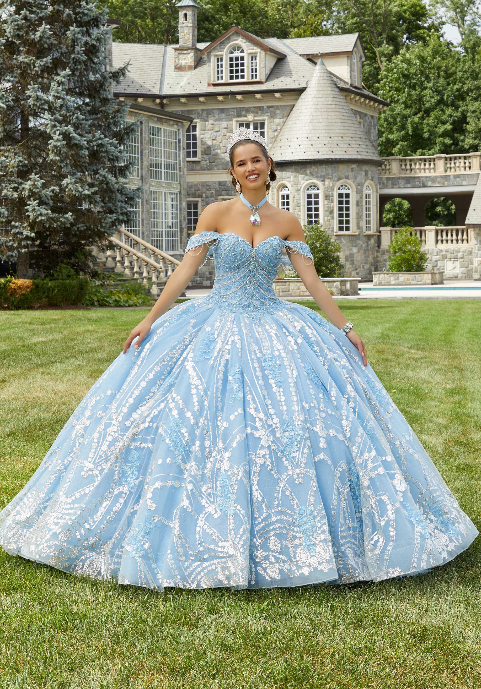 Blue and silver ball gown sales