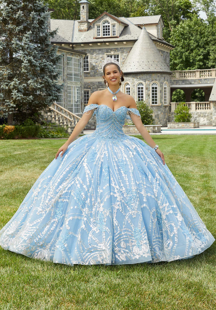 MORILEE #34083 BAHAMA BLUE/SILVER Patterned Glitter Quinceañera Dress with Chandelier Beading