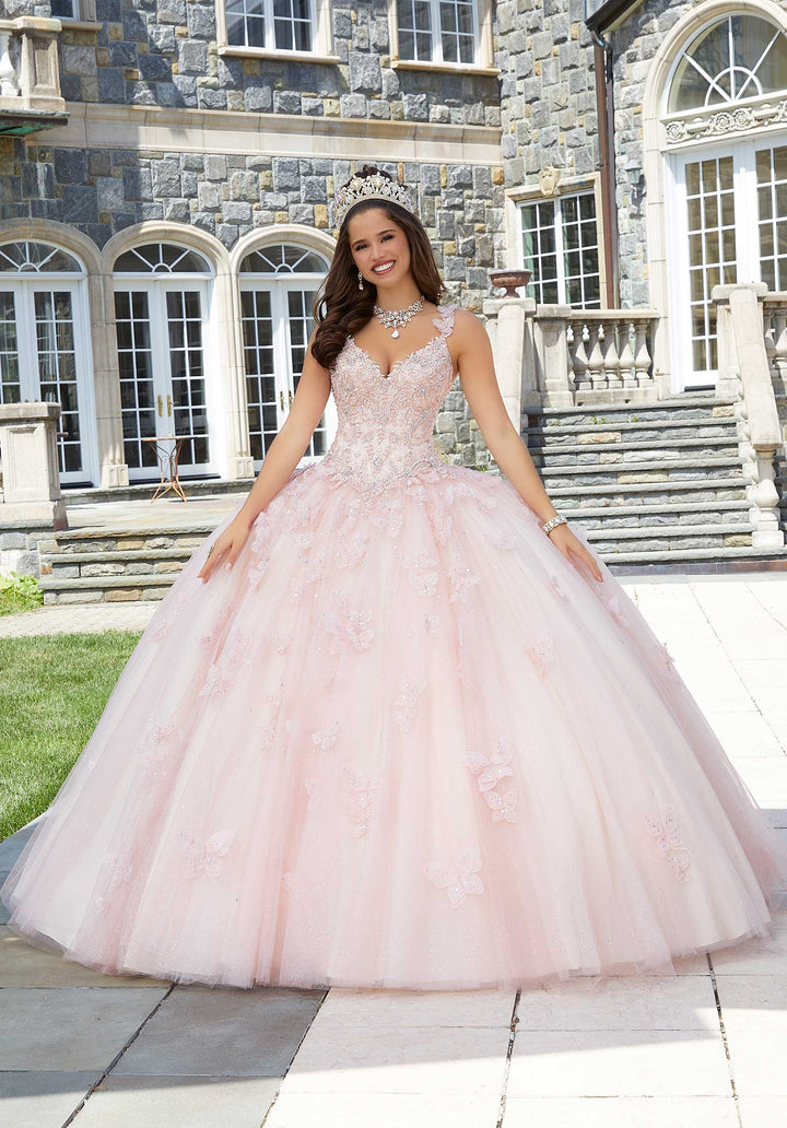 MORILEE #34084 BLUSH/CHAMPAGNE Three-Dimensional Butterfly and Embroidered Quinceañera Dress