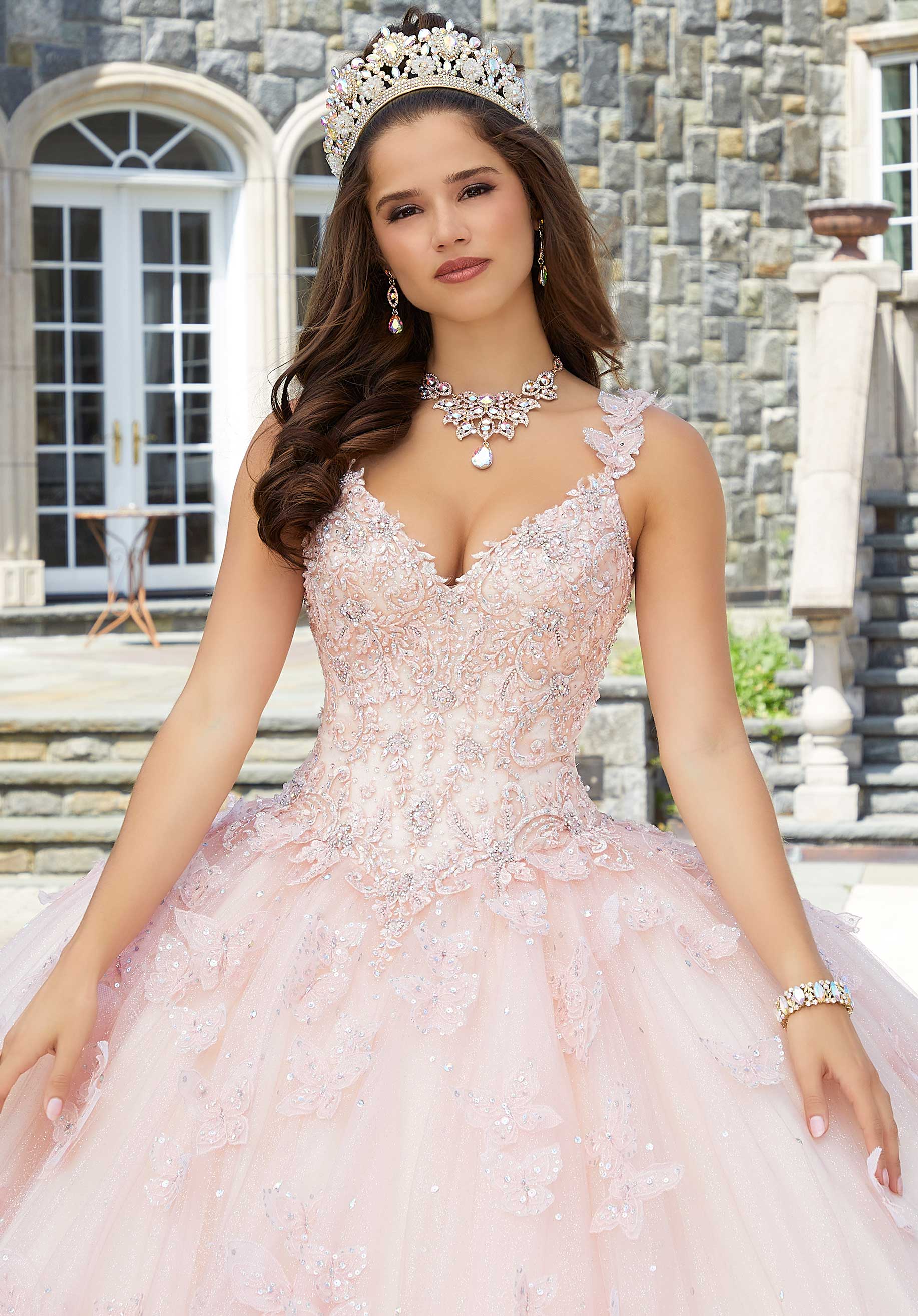 MORILEE 34084 BLUSH CHAMPAGNE Three Dimensional Butterfly and Embroidered Quinceanera Dress