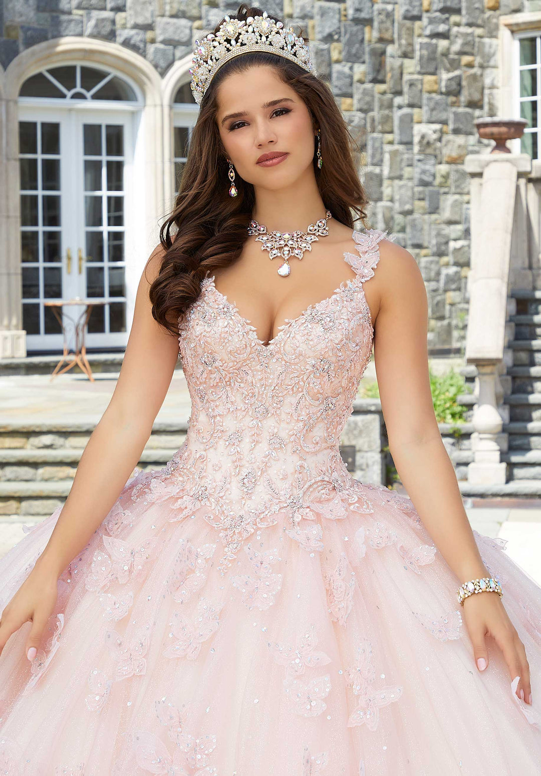 MORILEE #34084 BLUSH/CHAMPAGNE Three-Dimensional Butterfly and Embroidered Quinceañera Dress
