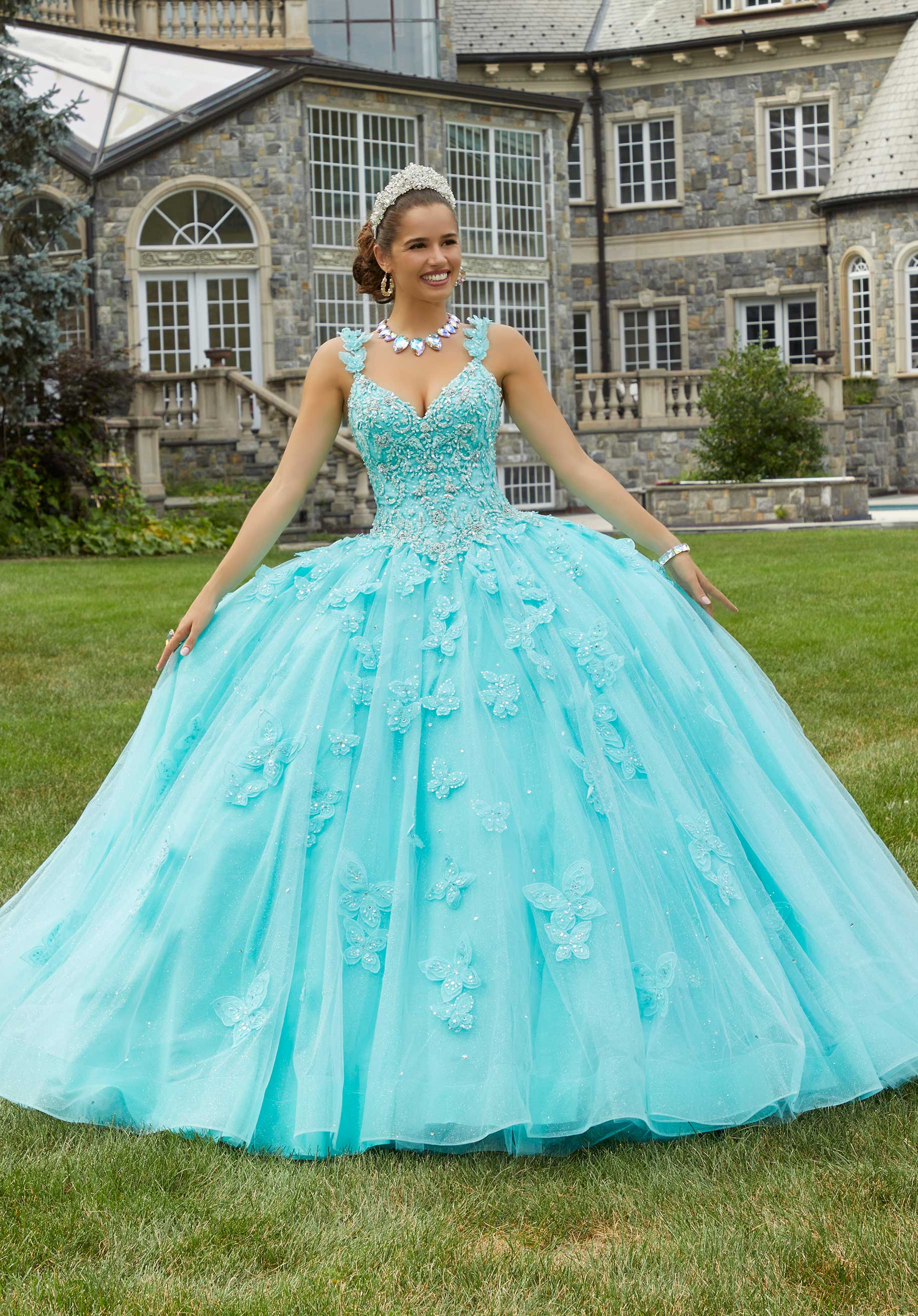 MORILEE 34084 AQUA Three Dimensional Butterfly and Embroidered Quincea era Dress