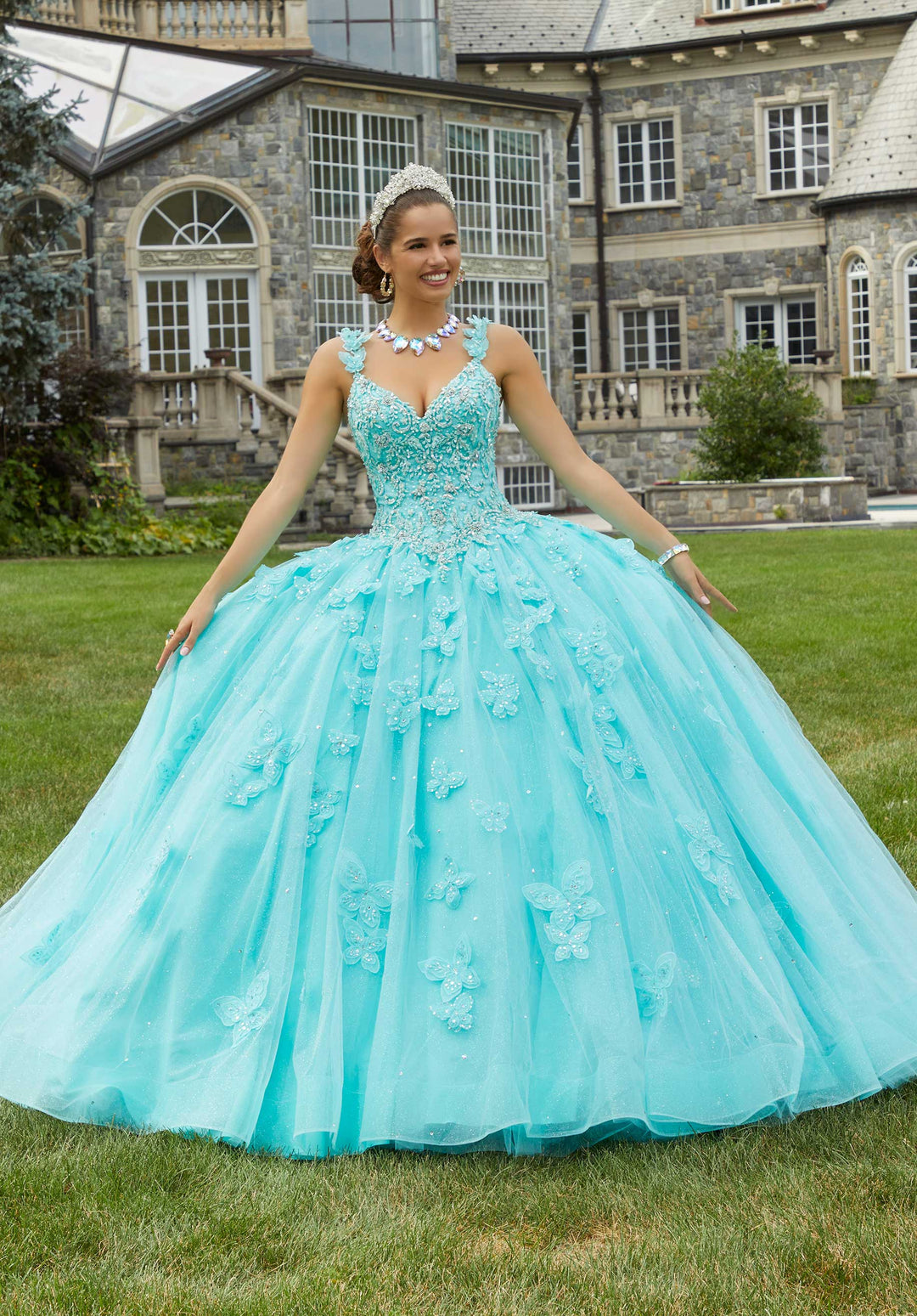 MORILEE #34084 AQUA Three-Dimensional Butterfly and Embroidered Quinceañera Dress