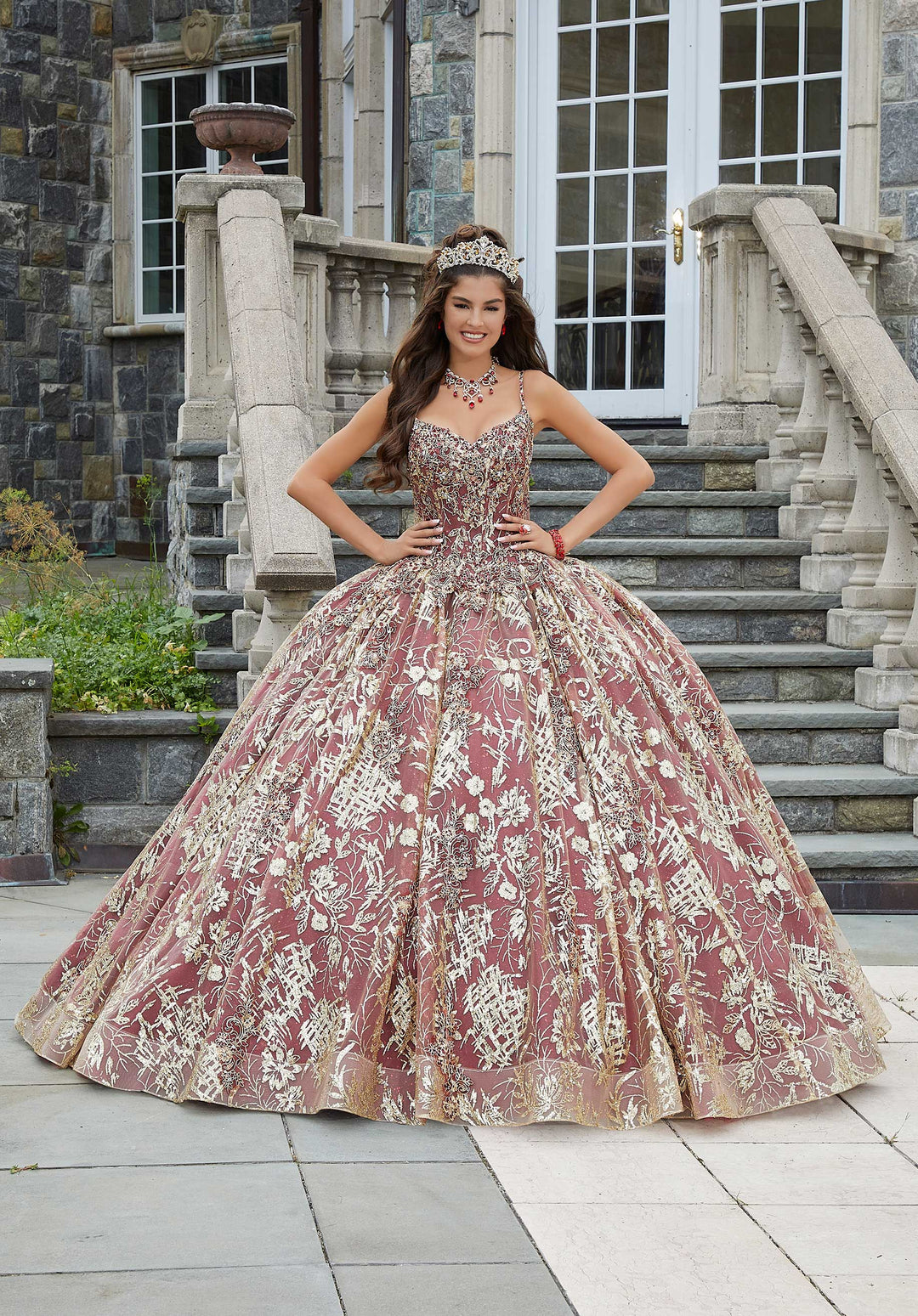 MORILEE #34085 SANGRIA/GOLD Metallic Lace and Patterned Glitter Quinceañera Dress