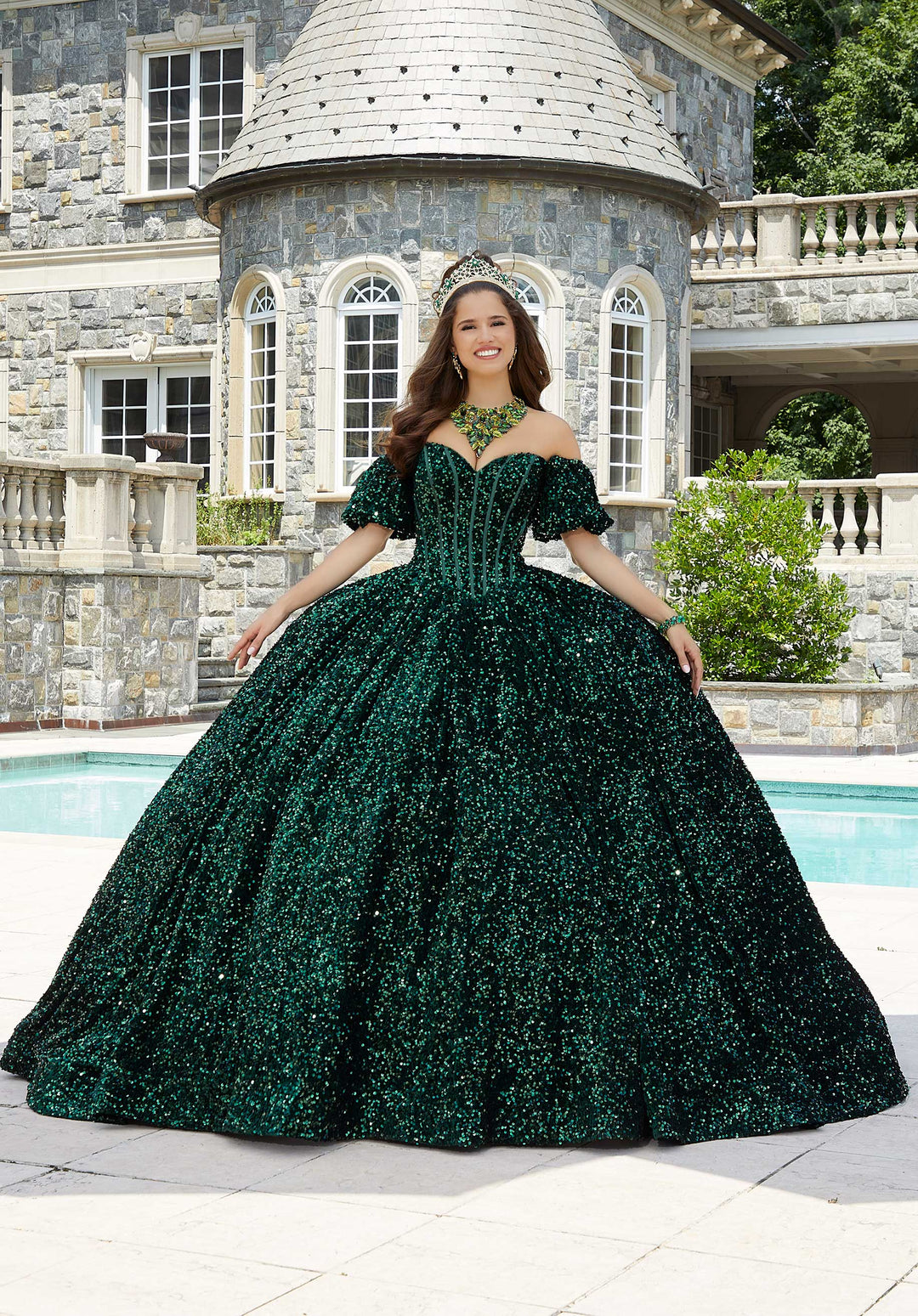 MORILEE #60171 EMERALD All over Sequin Corset Quinceañera Dress