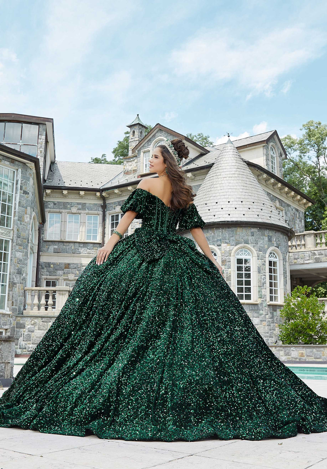 MORILEE #60171 EMERALD All over Sequin Corset Quinceañera Dress