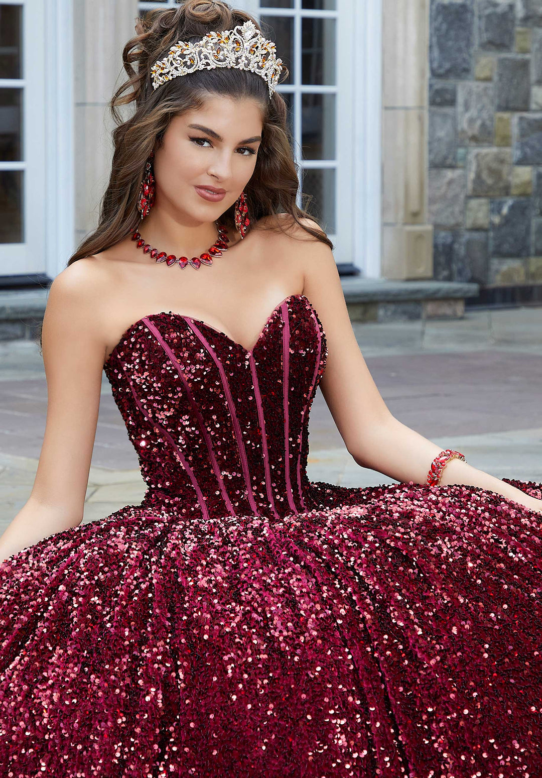 MORILEE #60171 WINE All over Sequin Corset Quinceañera Dress