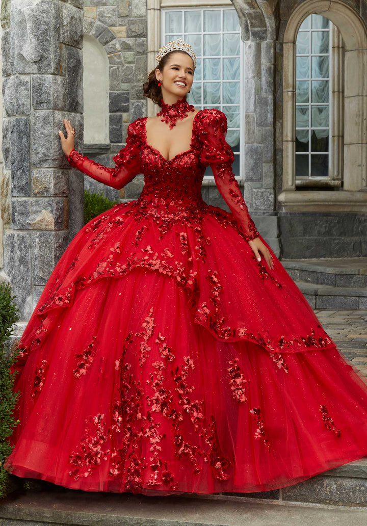 MORILEE #60172 SCARLET Sparkle Tulle Quinceañera Dress with Long Pouf Sleeves