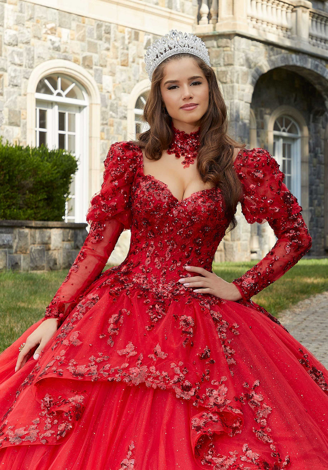 MORILEE #60172 SCARLET Sparkle Tulle Quinceañera Dress with Long Pouf Sleeves