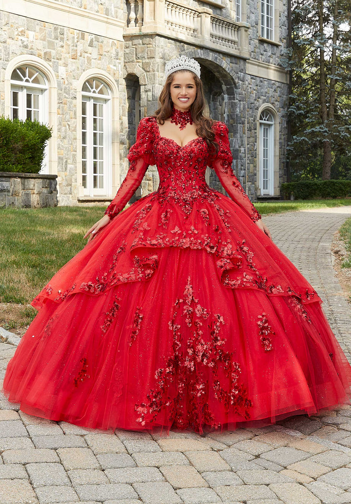 MORILEE #60172 SCARLET Sparkle Tulle Quinceañera Dress with Long Pouf Sleeves