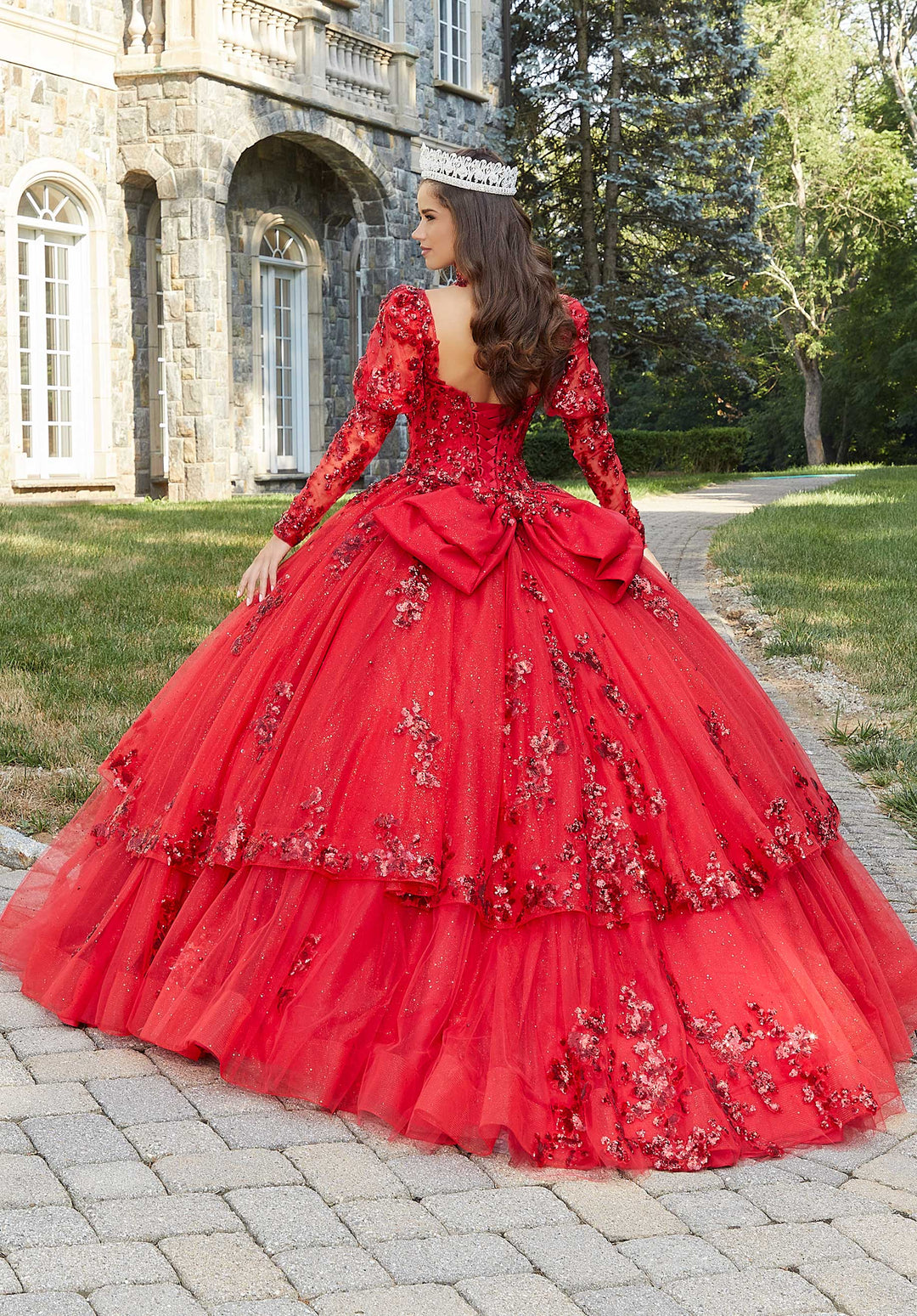 MORILEE #60172 SCARLET Sparkle Tulle Quinceañera Dress with Long Pouf Sleeves