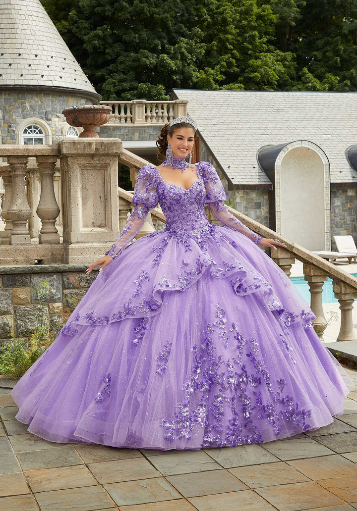 MORILEE #60172 ORCHID Sparkle Tulle Quinceañera Dress with Long Pouf Sleeves