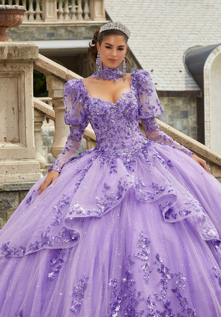 MORILEE #60172 ORCHID Sparkle Tulle Quinceañera Dress with Long Pouf Sleeves