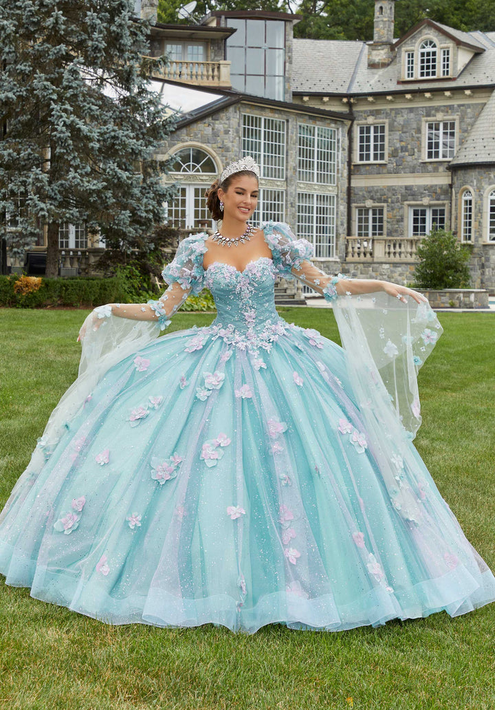 MORILEE #60174 BLUE ORCHID Glitter Tulle Quinceañera Dress with Three-Dimensional Floral Appliqués