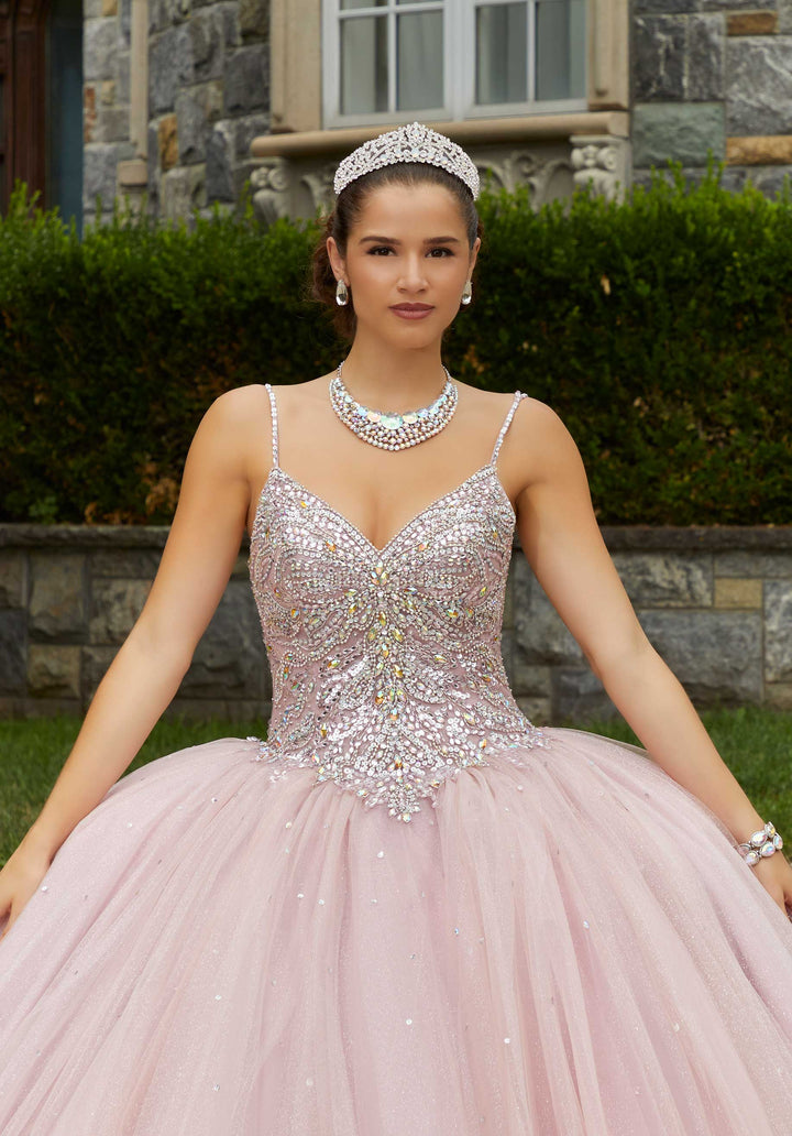 MORILEE #60175 ROSE QUARTZ Rhinestone and Crystal Beaded Quinceañera Dress with Bow