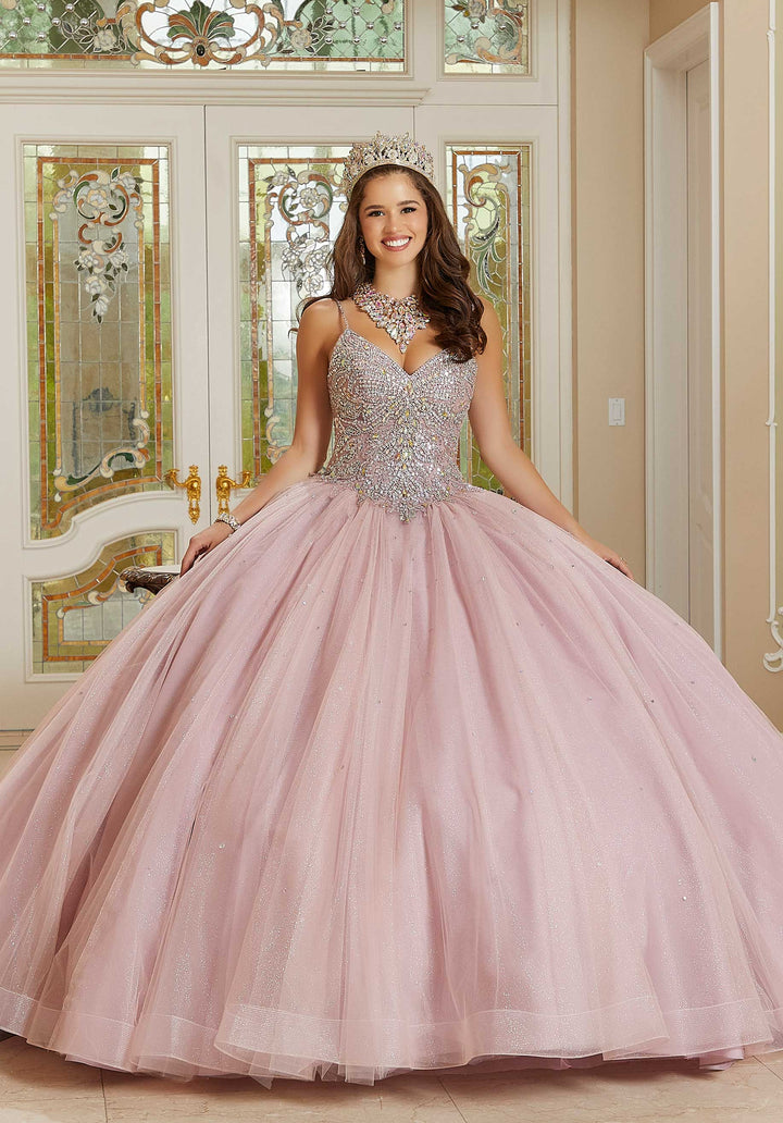 MORILEE #60175 ROSE QUARTZ Rhinestone and Crystal Beaded Quinceañera Dress with Bow