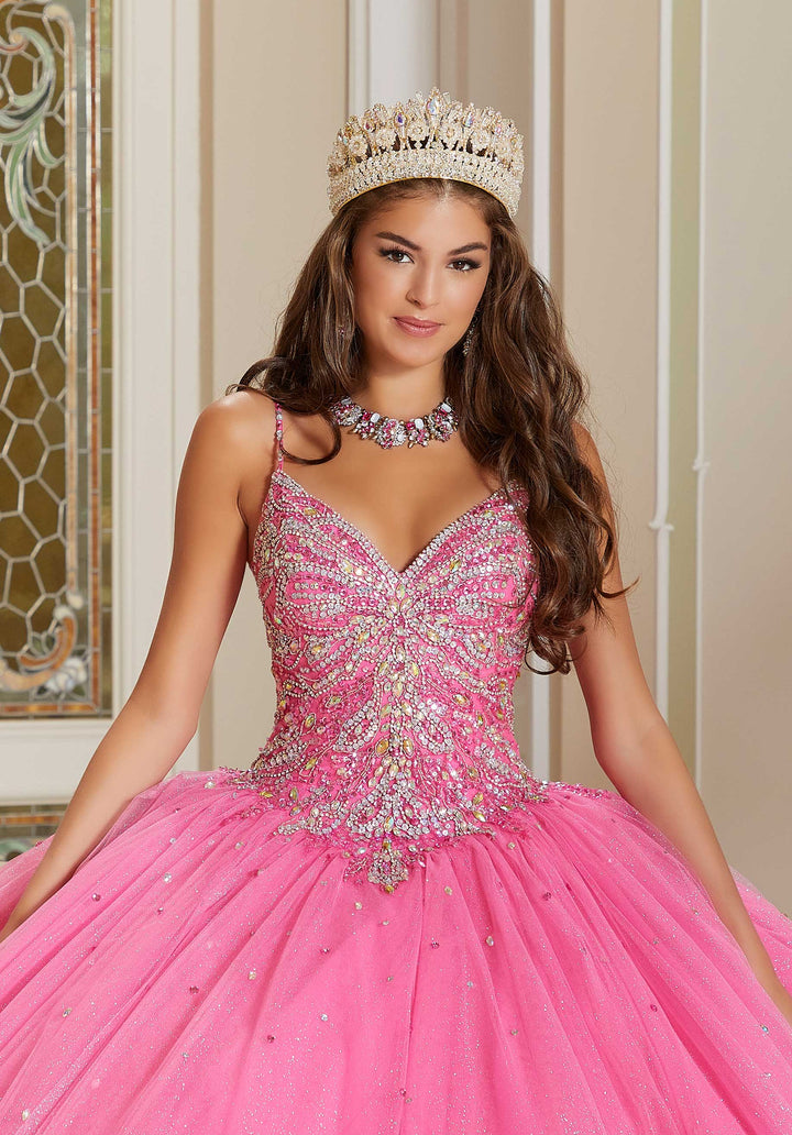 MORILEE #60175 LIPSTICK Rhinestone and Crystal Beaded Quinceañera Dress with Bow