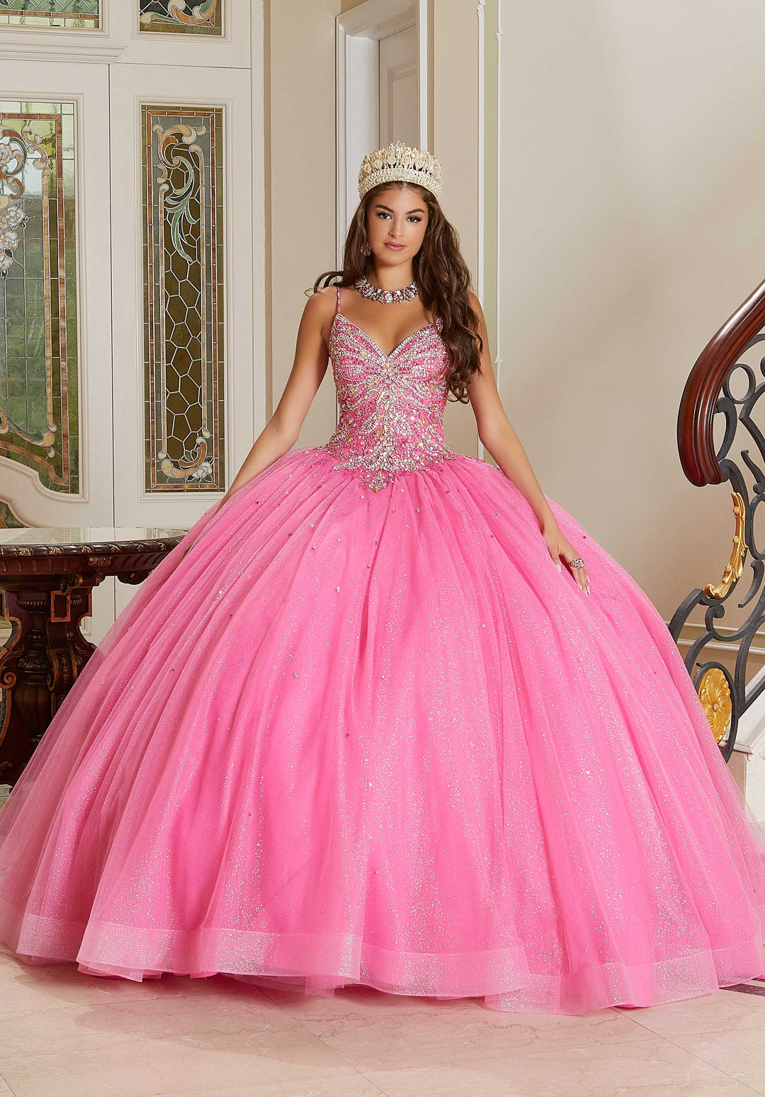 MORILEE #60175 LIPSTICK Rhinestone and Crystal Beaded Quinceañera Dress with Bow