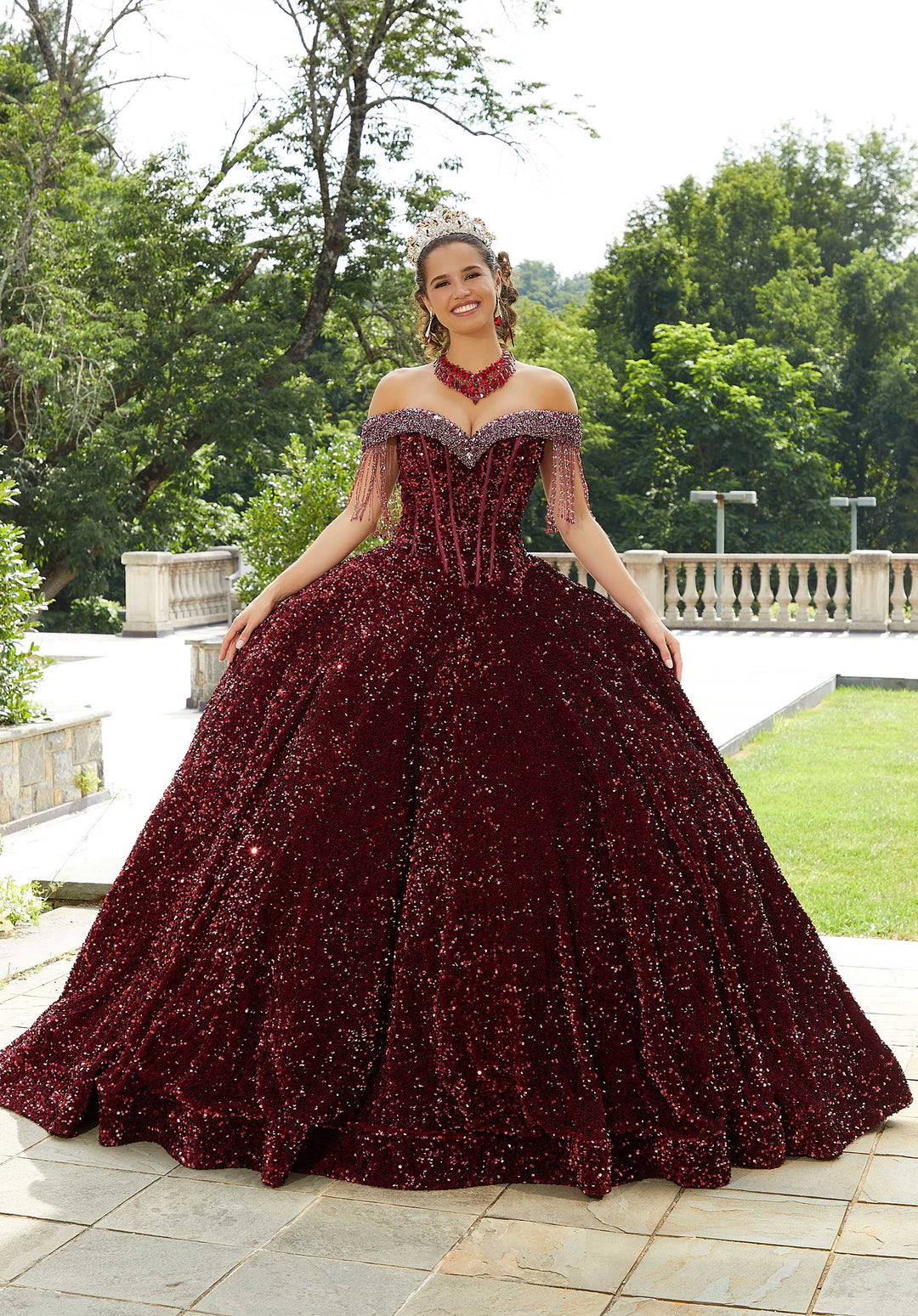 MORILEE #60177 WINE Allover Sequin Velvet Quinceañera Dress with Beaded Fringe