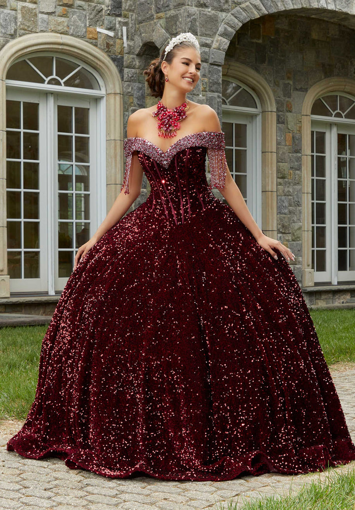 MORILEE #60177 WINE Allover Sequin Velvet Quinceañera Dress with Beaded Fringe