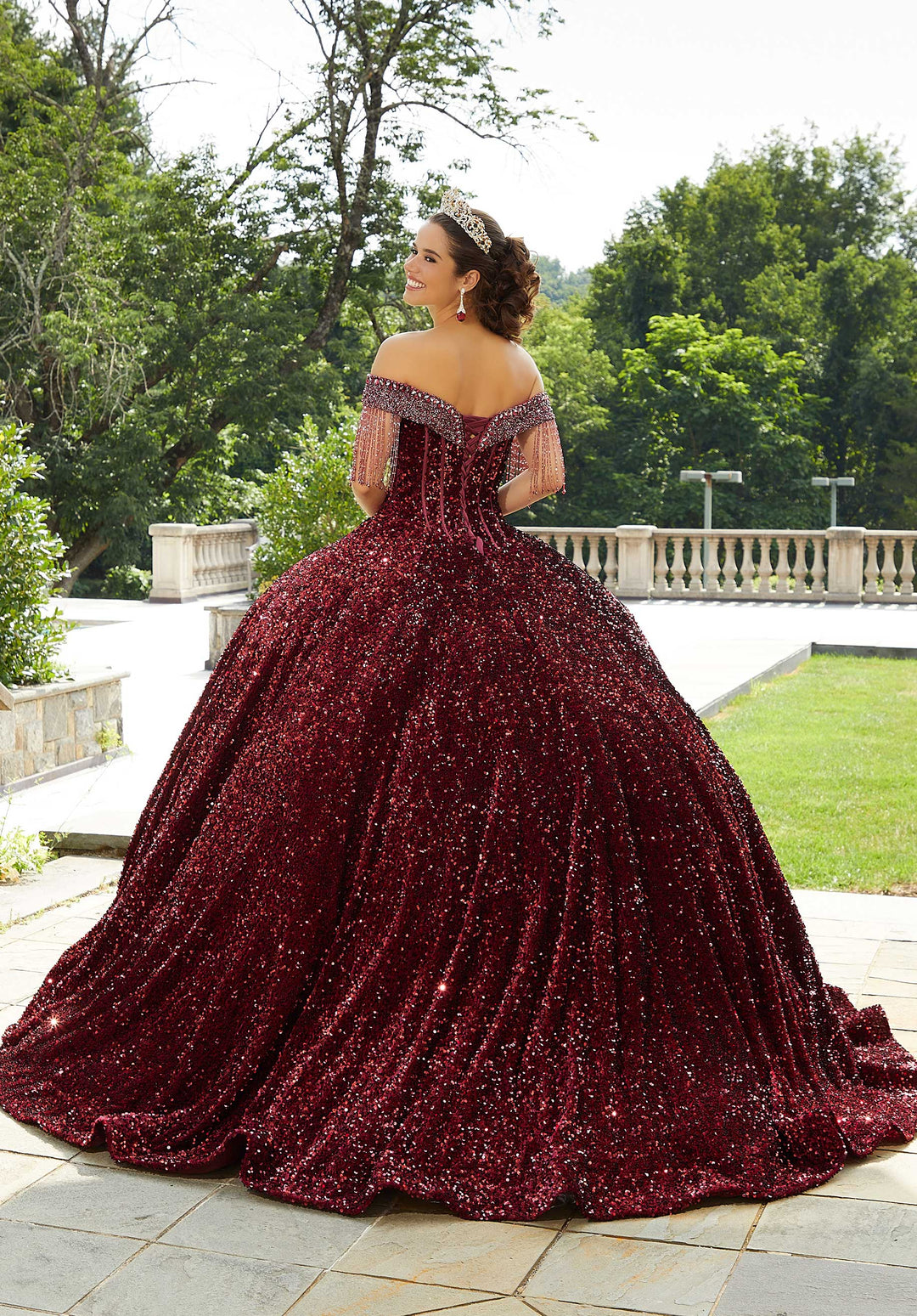MORILEE #60177 WINE Allover Sequin Velvet Quinceañera Dress with Beaded Fringe