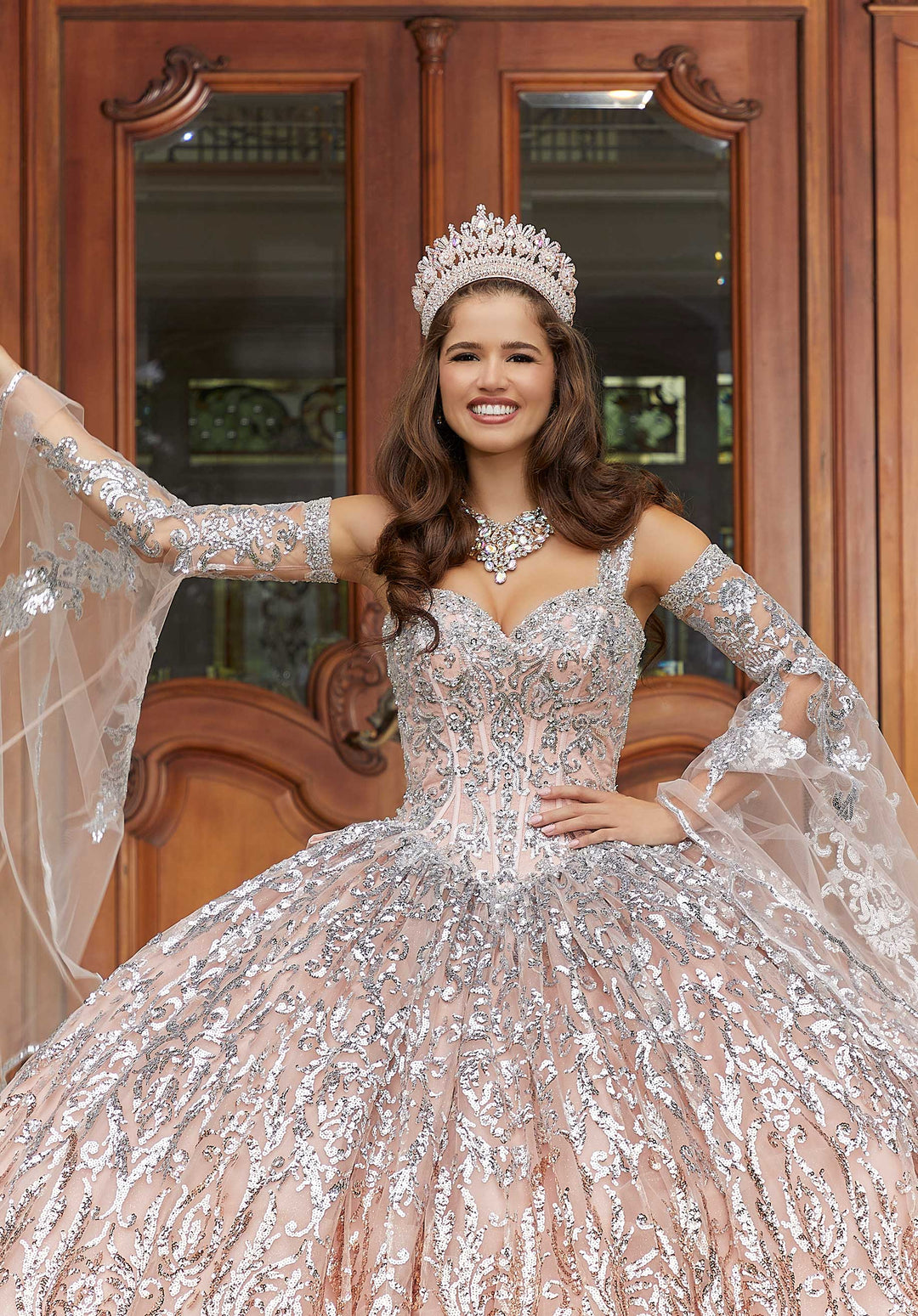 MoriLee #89401 Silver Rose Ombré Patterned Sequin Quinceañera Dress