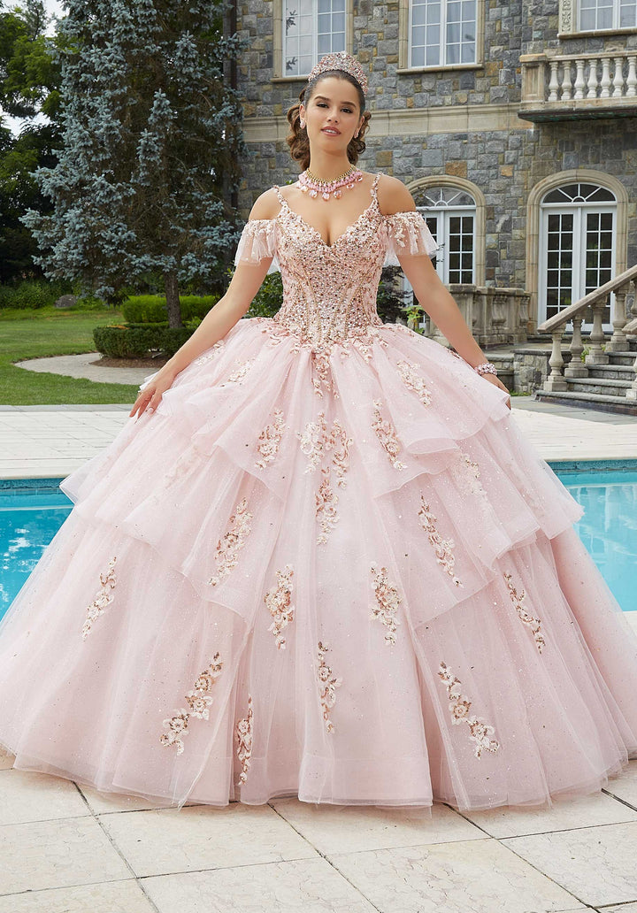 MoriLee #89402 Blush/Rose Gold Flounced Rhinestone and Sparkle Tulle Quinceañera Dress