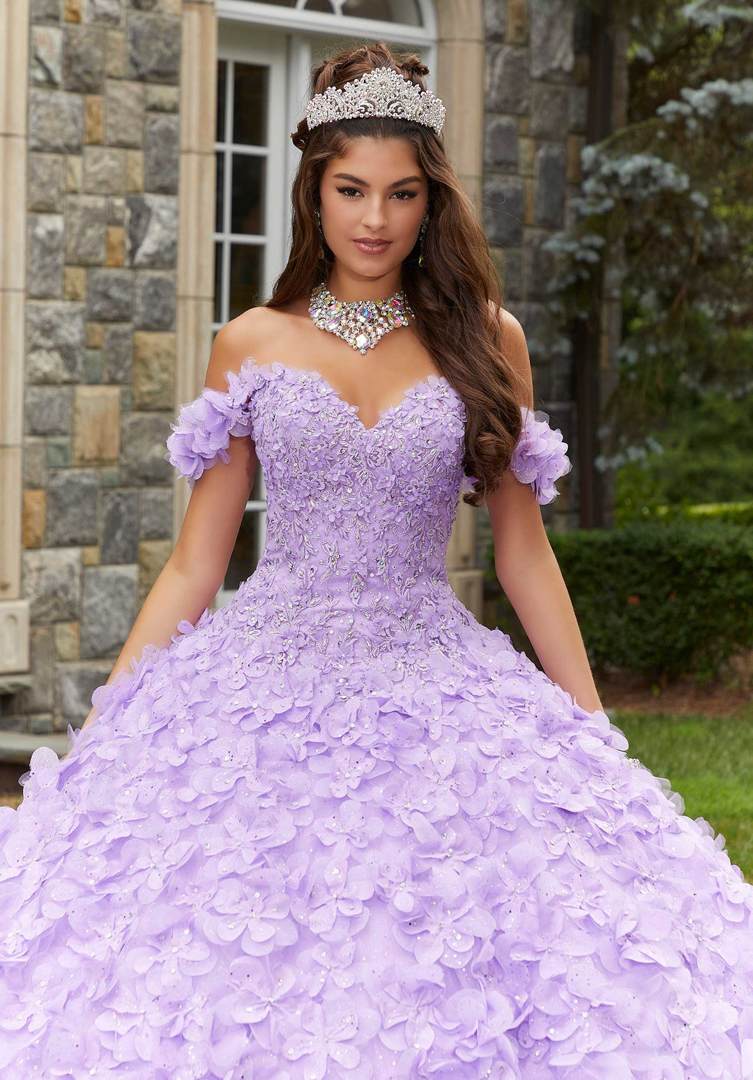 MoriLee #89403 Lilac Crystal Beaded Lace Quinceañera Dress with Floral Skirt