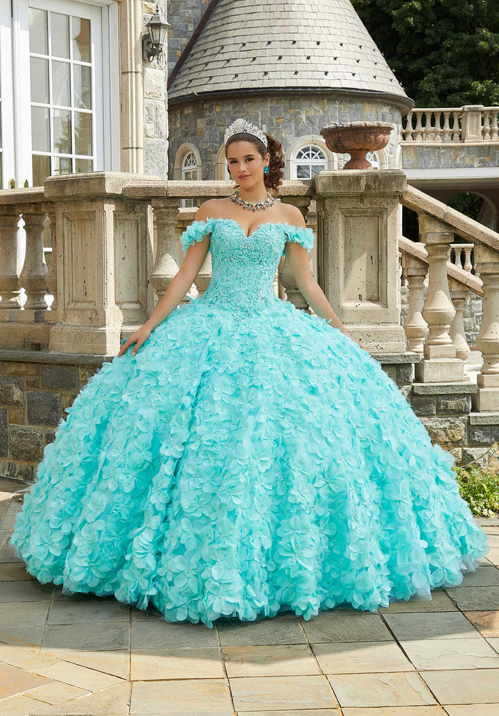 MoriLee #89403 Mint Crystal Beaded Lace Quinceañera Dress with Floral Skirt