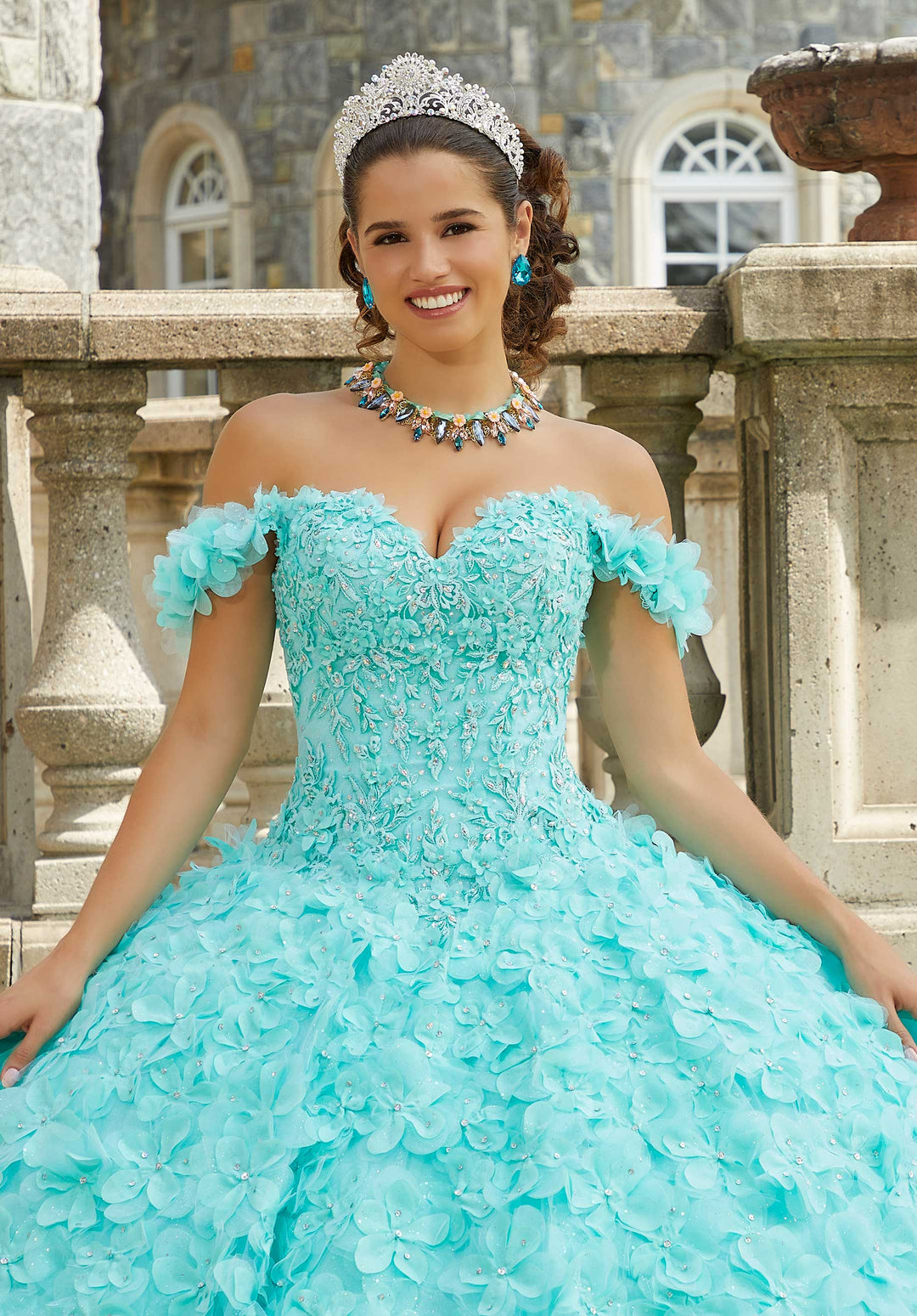 MoriLee #89403 Mint Crystal Beaded Lace Quinceañera Dress with Floral Skirt