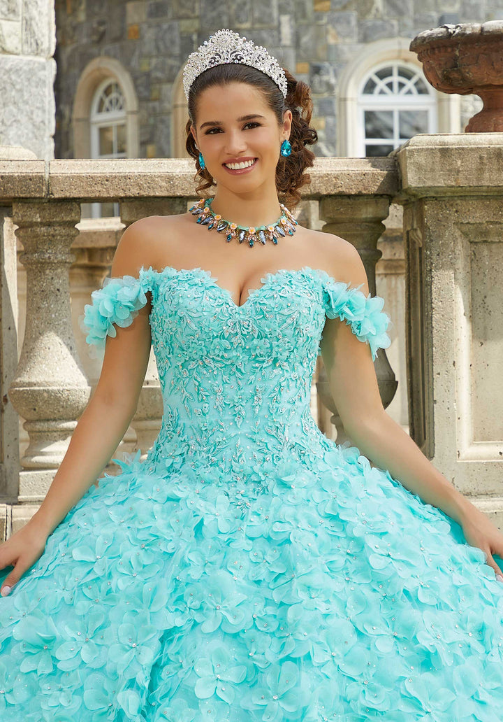MoriLee #89403 Mint Crystal Beaded Lace Quinceañera Dress with Floral Skirt