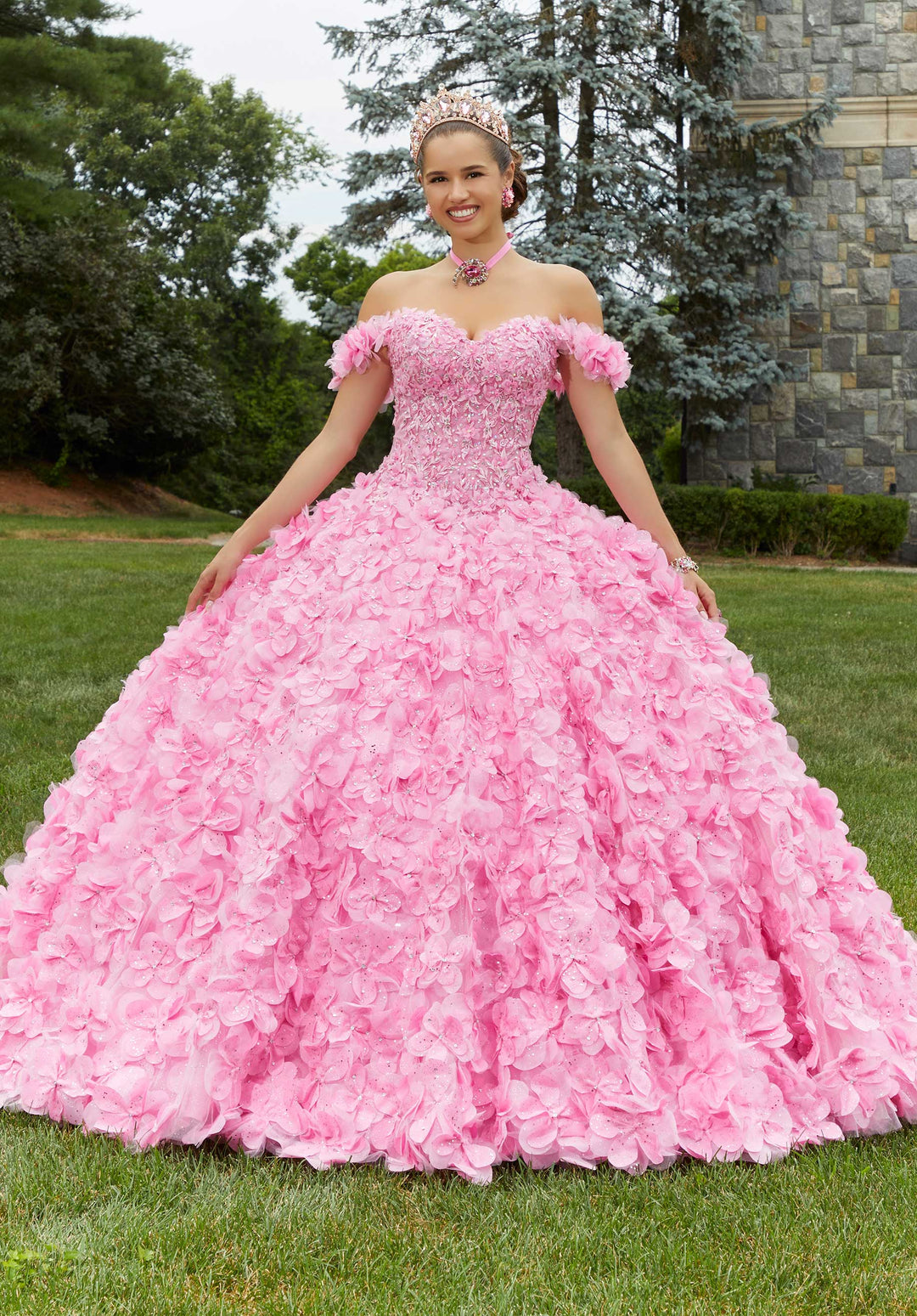 MoriLee #89403 Pink Crystal Beaded Lace Quinceañera Dress with Floral Skirt