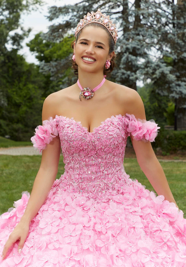MoriLee #89403 Pink Crystal Beaded Lace Quinceañera Dress with Floral Skirt