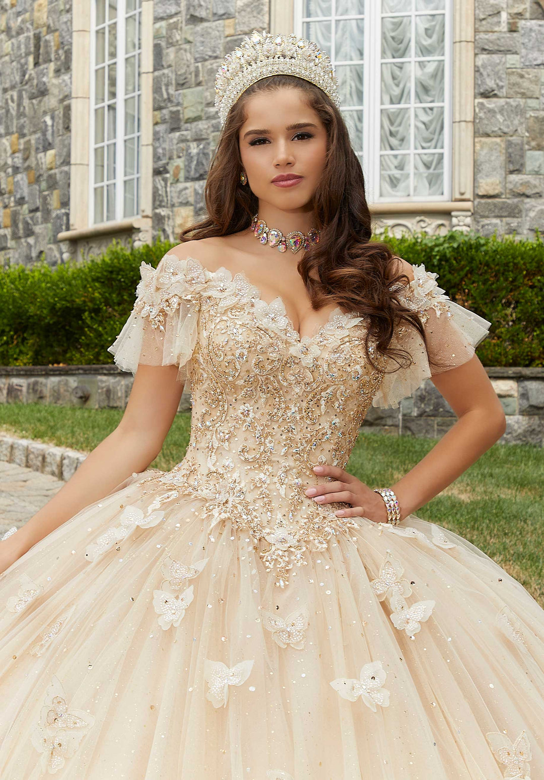 MORILEE #89404 Nude/Gold Rhinestone Embroidered Quinceañera Dress with Three-Dimensional Butterflies