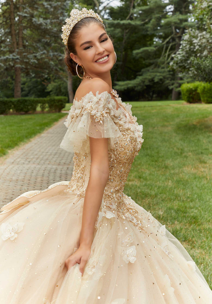 MORILEE #89404 Nude/Gold Rhinestone Embroidered Quinceañera Dress with Three-Dimensional Butterflies