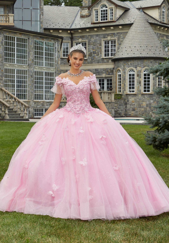 MORILEE #89404 Pucker up Pink Rhinestone Embroidered Quinceañera Dress with Three-Dimensional Butterflies