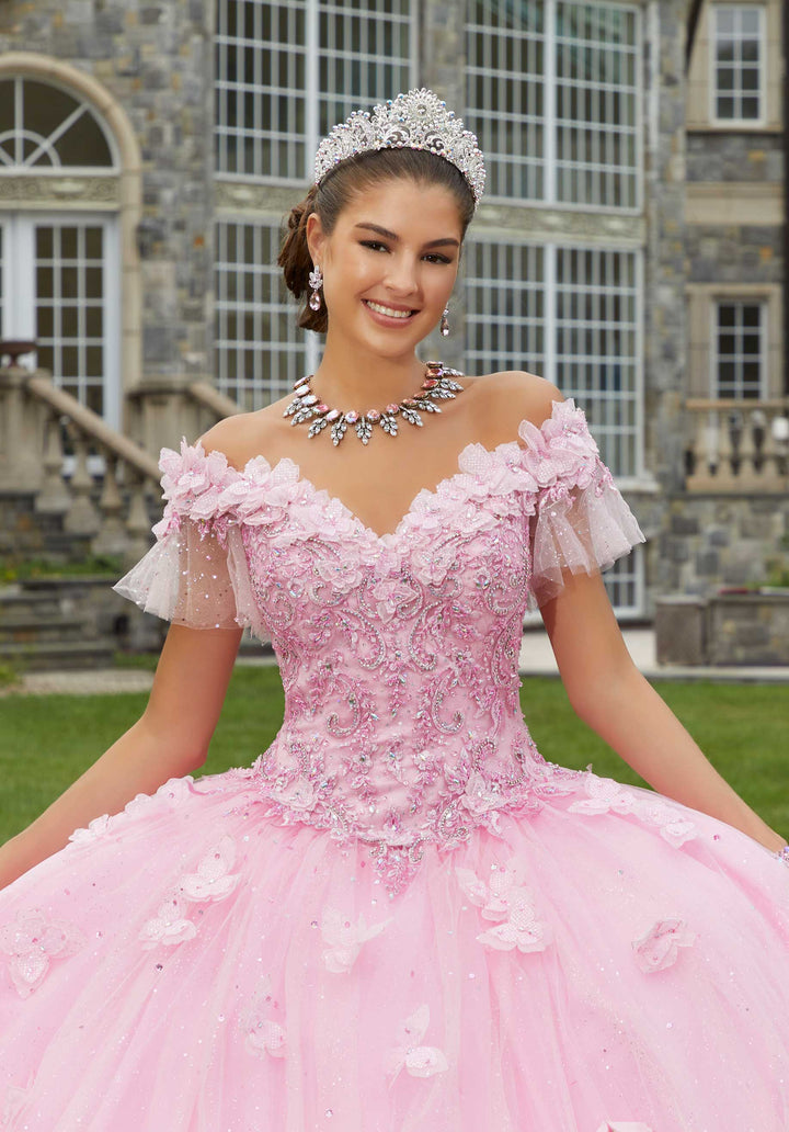 MORILEE #89404 Pucker up Pink Rhinestone Embroidered Quinceañera Dress with Three-Dimensional Butterflies