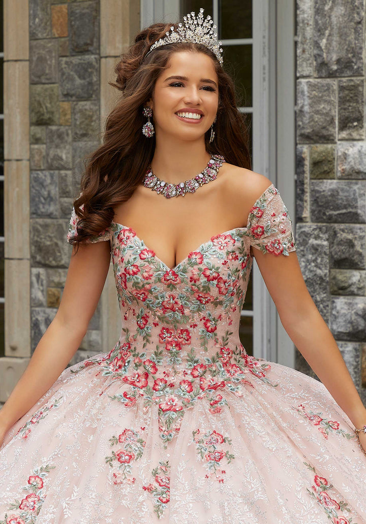 MORILEE #89405 Blush Contrasting Floral Embroidered Quinceañera Dress