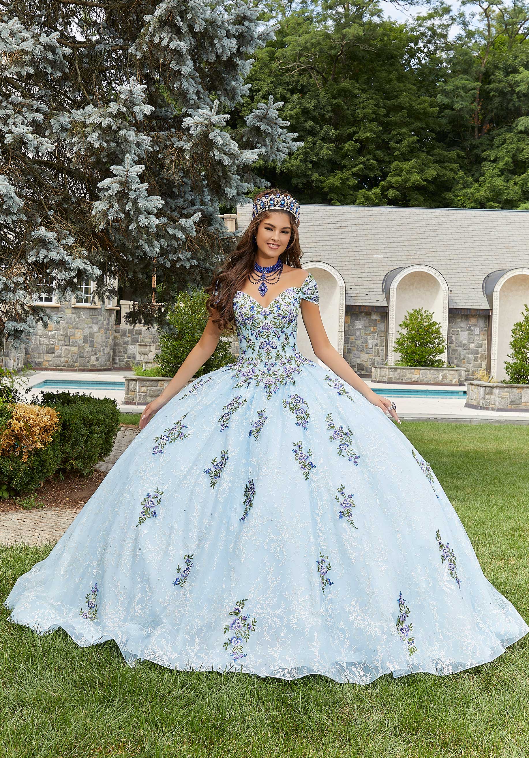 MORILEE 89405 Light Blue Contrasting Floral Embroidered Quinceanera D The Quince Of Your Dreams